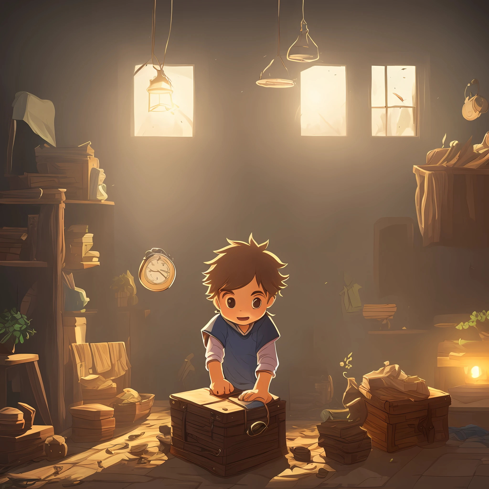 Desenhe Pedro, um menino curioso, 6 anos de idade, messy hair, his eyes sparkling with excitement, while opening the old chest in the attic of his house. A luz do sol entra pelas frestas, illuminating the dusty environment and revealing the glowing clock inside the chest. --auto