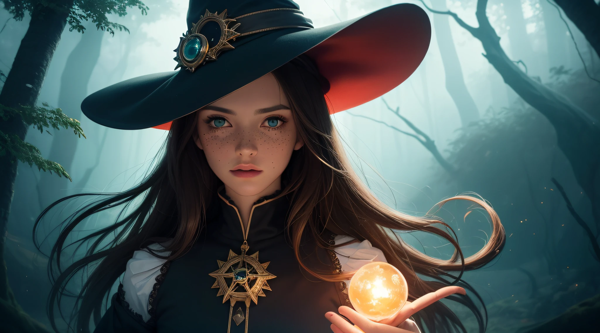 (best quality, masterpiece, realistic, detailed), 8k CG, perfect artwork, 1 girl, adult hungarian woman, slender, freckles, solo, teal eyes, light brown long hair, portrait, looking down, solo, (full body:0.6), detailed background, light smile, witch hat, witch, magical atmosphere, hair flowing in the wind, green trimmed dark colored clothes, colorful glowing magic spell in the air, swirling portal, dark magic, (style-swirlmagic:0.8), floating particles, dark sinister forest background, updraft, backlighting,