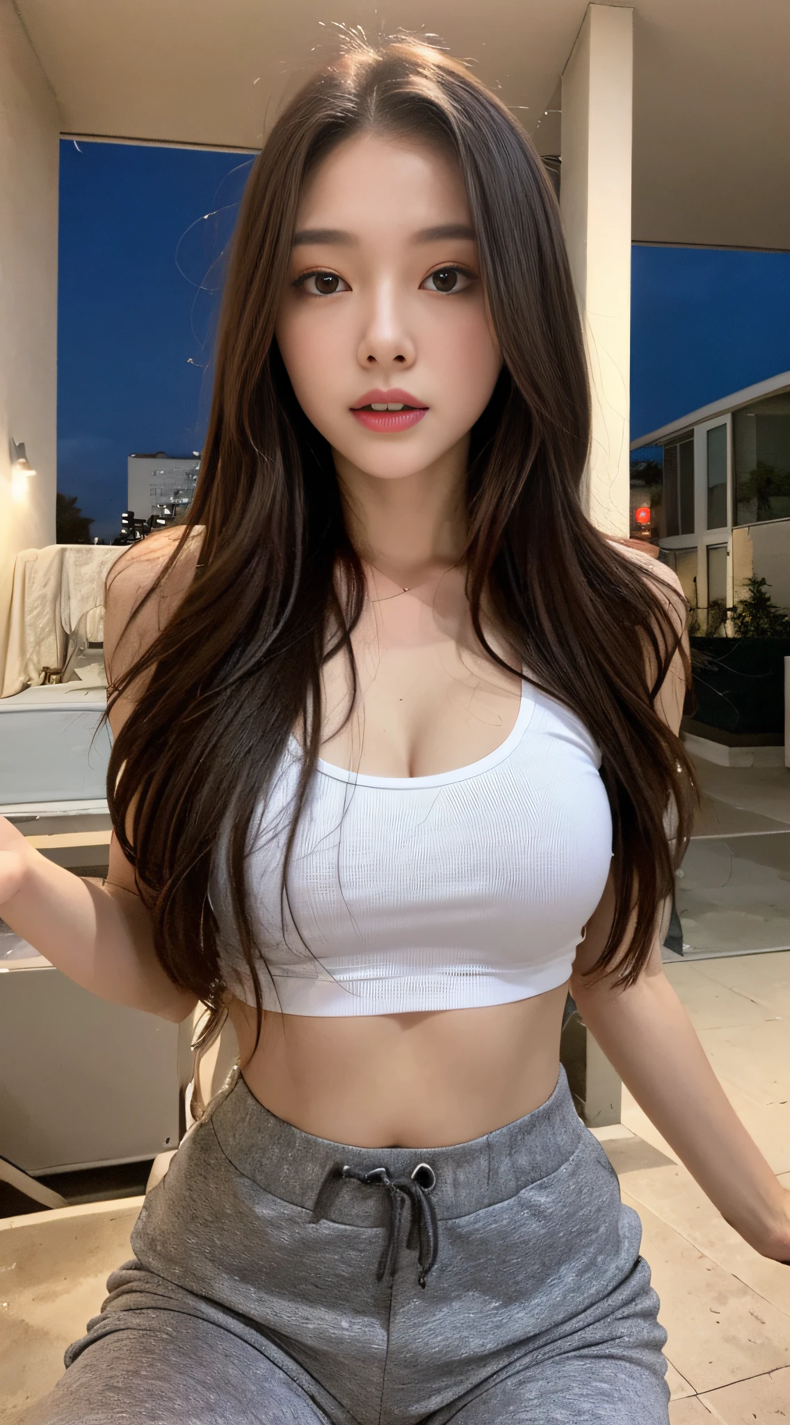 1 girl with a perfect body, Super fine face and eyes,long whitr hair, , Leaking hands,The right shape for humans,二重まぶた,Night run,self-shot,nighttime scene,track pants