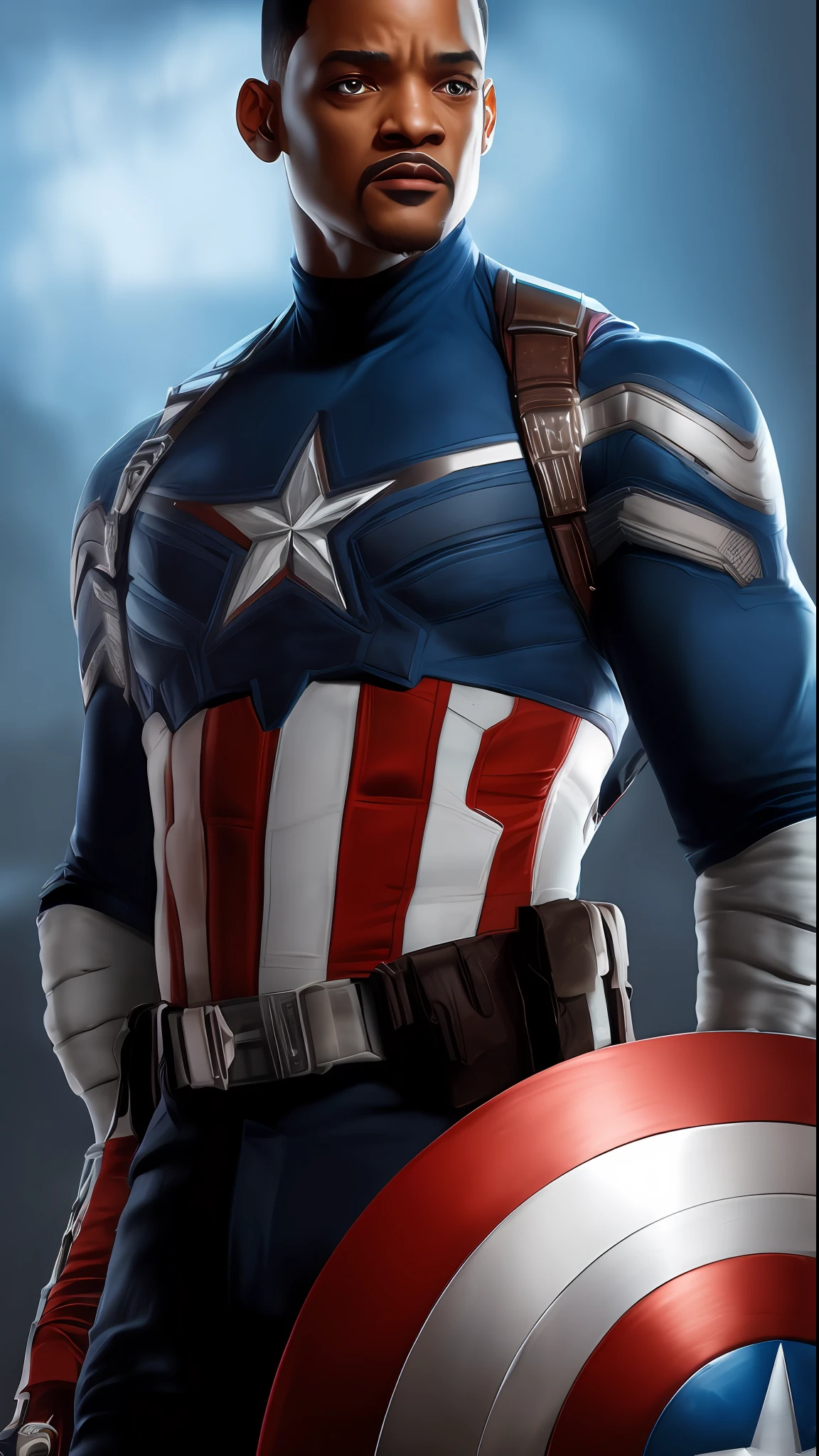 . .Tarantino style Will Smith as Captain America 8k, high definition, detailed face, detailed face, detailed eyes, detailed suit, in style of marvel and dc, hyper-realistic, + cinematic shot + dynamic composition, incredibly detailed, sharpen, details + superb details + evening with light + perfectionism + award winning realism ((moody lighting))