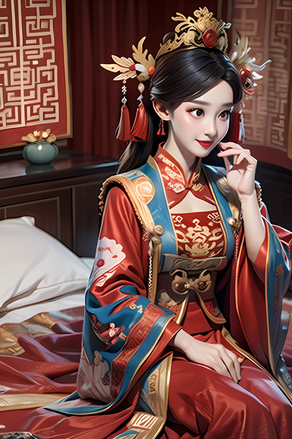 (Best quality: 1.1), (Realistic: 1.1), (Photography: 1.1), (Height detail: 1.1), A woman in a red and gold dress with a tiara on her head, a hair stick, (sitting on a red bed), blushing, shy, black_hair, crown, looking down, (2 red candles), Chinese_clothes, curtains, earrings, hair_ornament, hanfu, interior, jewelry, long_sleeves, red dress, Red Lip, Tassel, (Red Quilt), (Red Palace: 1.2), (3DMM: 1.5),mix4,