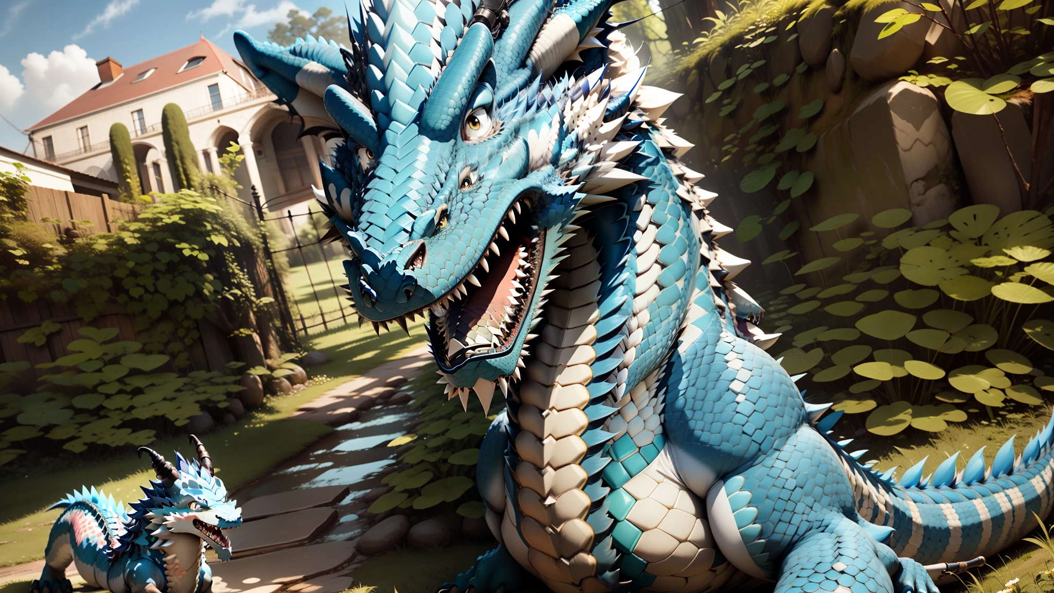 There is a cartoon dragon and a dog in a field, "Retrato de um animal de desenho animado, criatura dos desenhos animados, CGI inicial, A mythical creature, animation movie still, sorriso vertiginoso, pequenino, Described as a 3D rendering, CGI animado