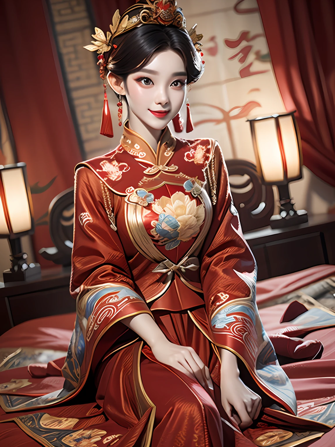 (Best quality: 1.1), (Realistic: 1.1), (Photography: 1.1), (Height detail: 1.1), A woman in a red and gold dress with a tiara on her head, a hair stick, (sitting on a red bed), blushing, shy, black_hair, crown, looking down, (2 red candles), Chinese_clothes, curtains, earrings, hair_ornament, hanfu, interior, jewelry, long_sleeves, red dress, Red Lip, Tassel, (Red Quilt), (Red Palace: 1.2), (3DMM: 1.5),mix4,