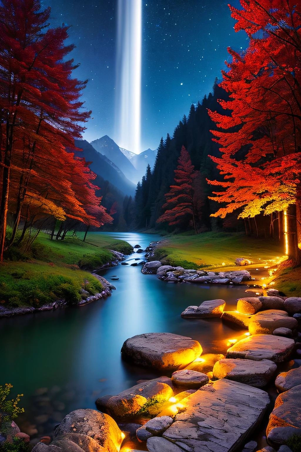 best quality, masterpiece, beautiful wild and natural fantasy landscape with glowing lights