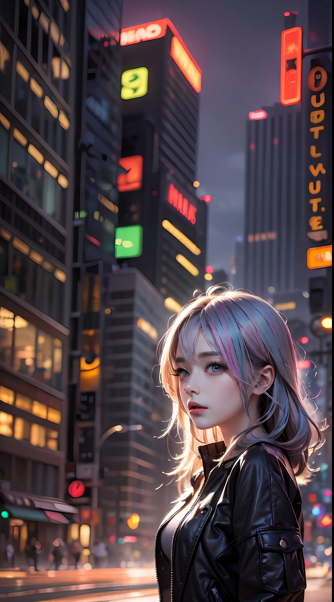 (masterpiece, high quality, highres,illustration), 1girl, galaxy multicolored hair in New york city at night with orange fog, cybercity,