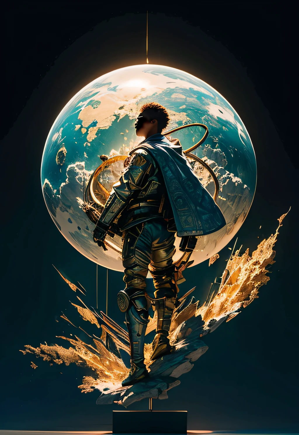 a man coming out of a spaceship like the one in Starwars, Black man, negroid, holding a mechanical sphere with floating glowing cubes, the sphere has some glowing lines. the cubes are radiating energy. the man is commanding the sphere, the man is a scientist. Hyper realistic, Photography, Picture of the week, RAW, beautiful, (finely detailed skin), African skin, delivery driver, standing next to DHL stargate, imechanical futuristic uniform, glowing Clouds in the background, lightning, extremely detailed,colorful,highest detailed, (dynamic pose), shiny skin, zentangle, flowers, abstract background,(masterpiece) (perfect proportion)(realistic photo)(best quality) (detailed) photographed on a Canon EOS R5, 50mm lens, F/2.8, HDR, (8k) (wallpaper) (cinematic lighting) (dramatic lighting) (sharp focus) (intricate)