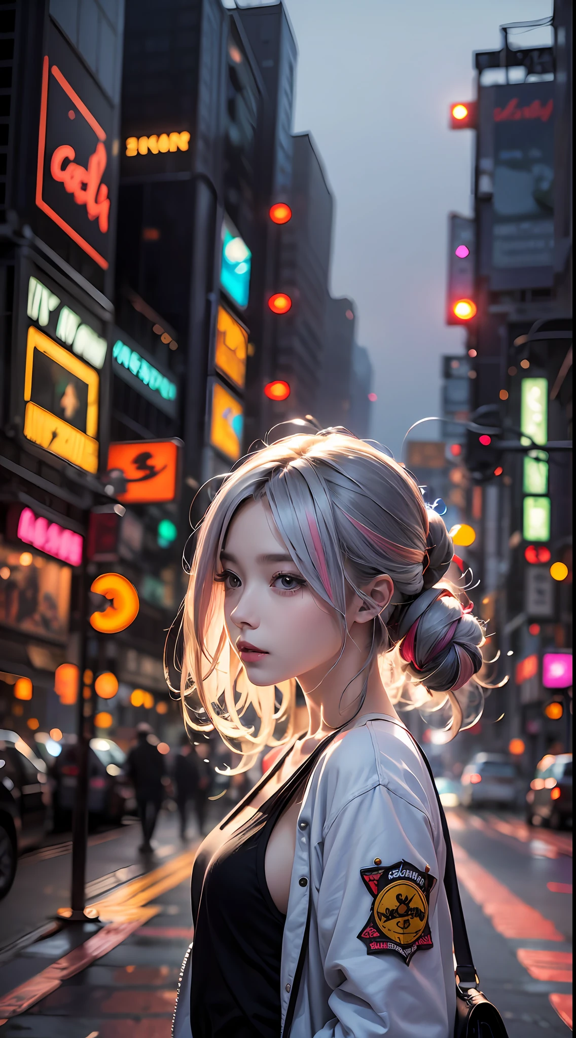 (masterpiece, high quality, highres,illustration), 1girl, galaxy multicolored hair in New york city at night with orange fog, cybercity,
