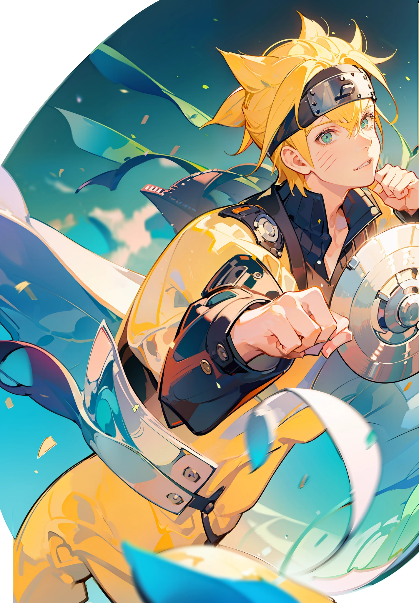 Uzumaki Naruto, 1boy, tmasterpiece, Best quality at best, The upper part of the body, sportrait, looking at viewert, closeup cleavage, Abs, rays of sunshine, novel illustration, Blurred foreground,Handsome eyes