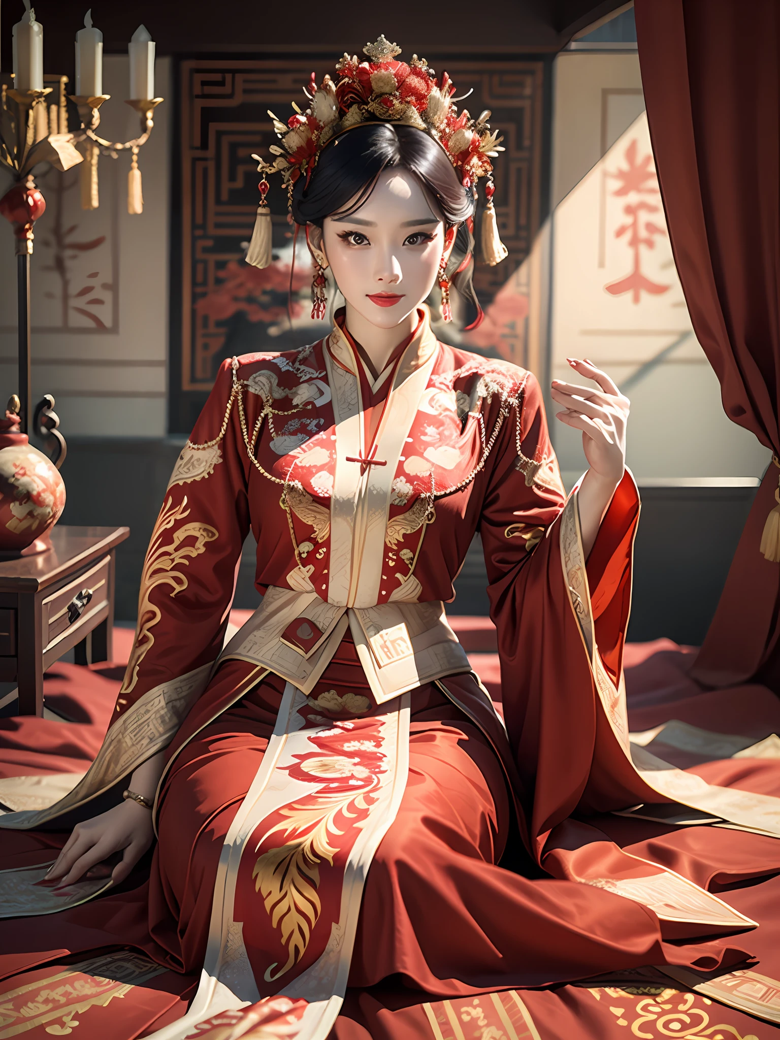 Best quality: 1.1), (Realistic: 1.1), (Photography: 1.1), (Height detail: 1.1), A woman in a red and gold dress with a tiara on her head, a hair stick, (sitting on a red bed), blushing, shy, black_hair, crown, looking down, (2 red candles), Chinese_clothes, curtains, earrings, hair_ornament, hanfu, interior, jewelry, long_sleeves, red dress, Red Lip, Tassel, (Red Quilt), (Red Palace: 1.2), (3DMM: 1.5)