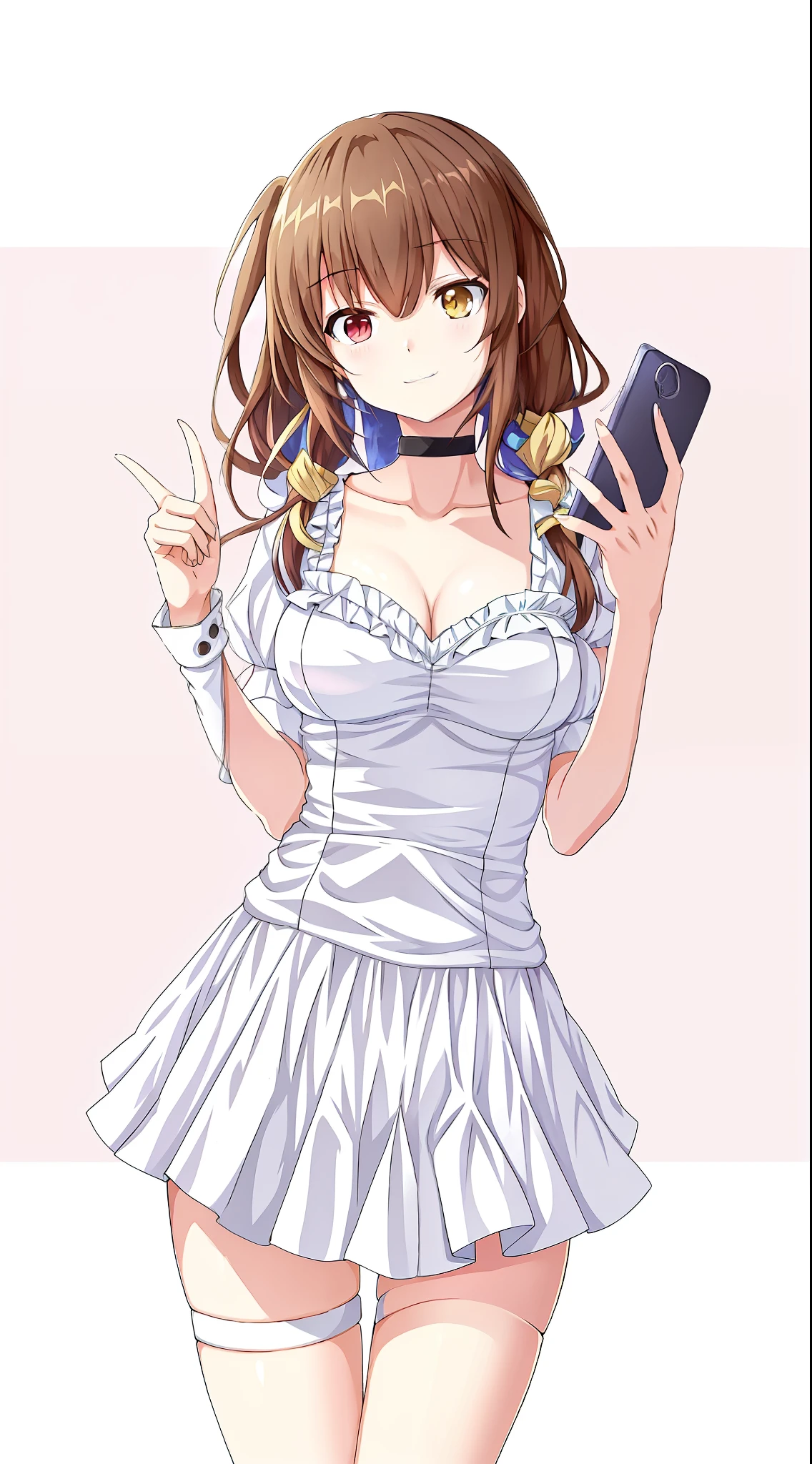 Anime girl in silver dress holding mobile phone, loli in dress, cute anime waifu in a nice dress, small curvaceous loli, Kantai collection style, with index finger, seductive anime girls, White dress!! of silver hair, attractive anime girls, An anime girl, Anime girl, Cute anime girl, Anime moe art style, pretty anime girl