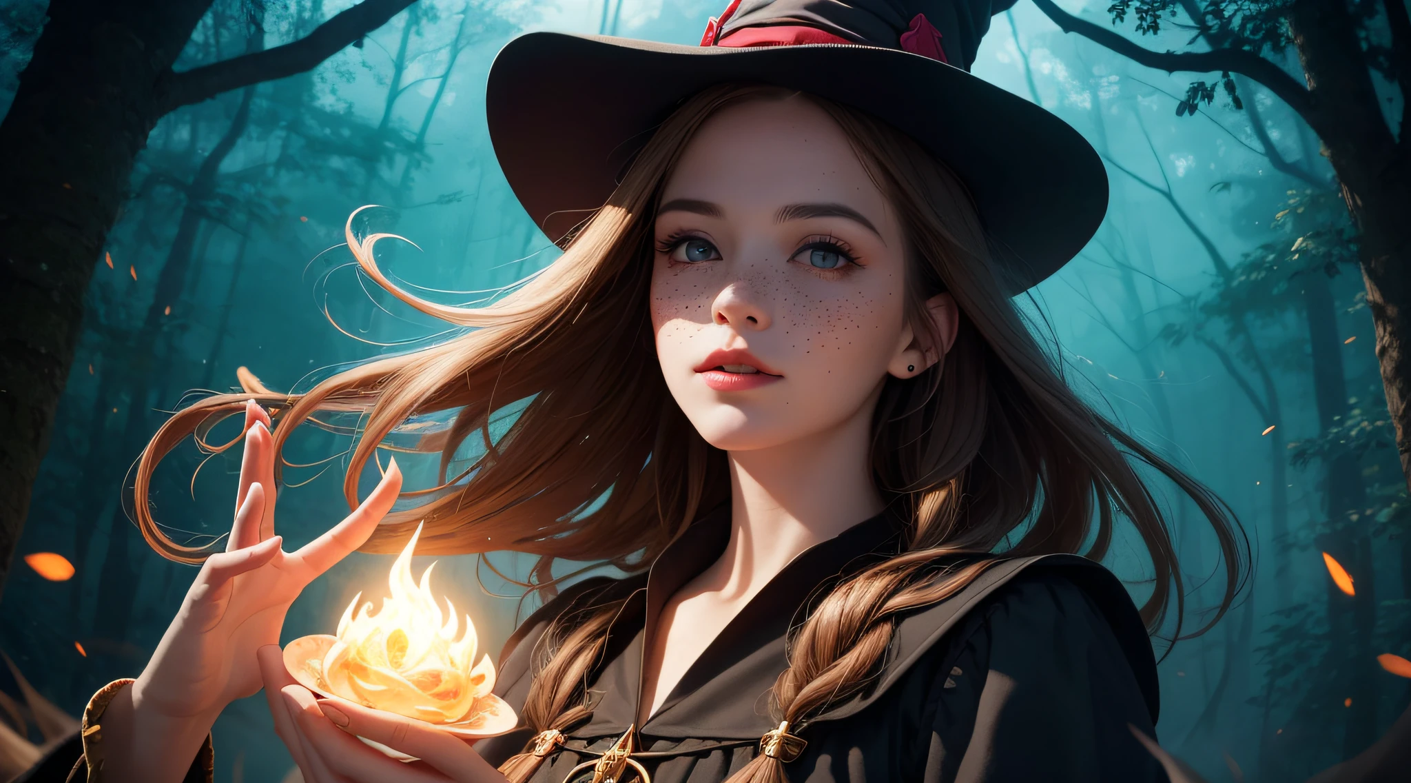 (best quality, masterpiece, realistic, detailed), 8k CG, perfect artwork, 1 girl, adult hungarian woman, slender, freckles, solo, teal eyes, light brown long hair, portrait, looking down, solo, (full body:0.6), detailed background, light smile, witch hat, witch, magical atmosphere, hair flowing in the wind, green trimmed dark colored clothes, colorful glowing magic spell in the air, swirling portal, dark magic, (style-swirlmagic:0.8), floating particles, dark sinister forest background, updraft, backlighting,