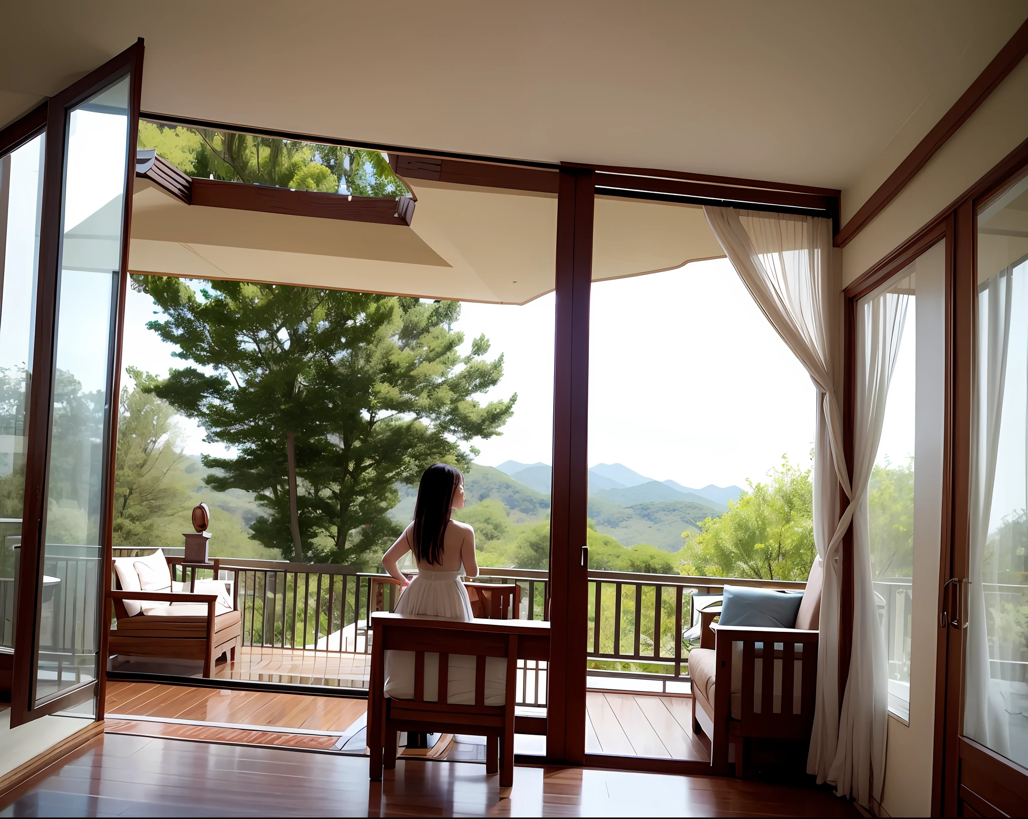 A girl dressed in white,Appear in the living room of your own home。The back is the balcony, and the back is the beautiful scenery of Sanqing Water。Slightly chubby,The face looks very cute。Holding a sword in hand。Fairy air fluttering。