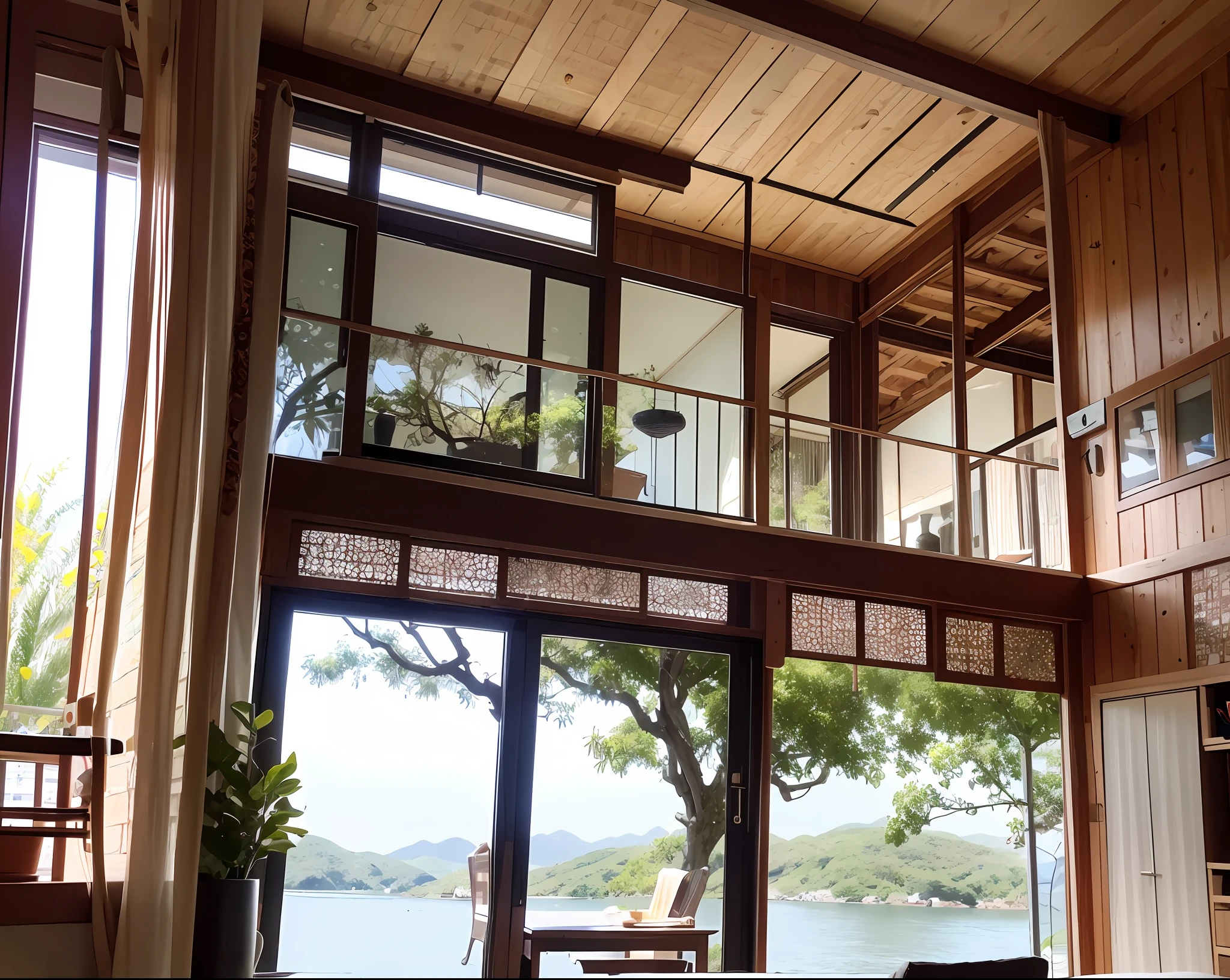 A girl dressed in white,Appear in the living room of your own home。The back is the balcony, and the back is the beautiful scenery of Sanqing Water。Slightly chubby,The face looks very cute。Holding a sword in hand。Fairy air fluttering。