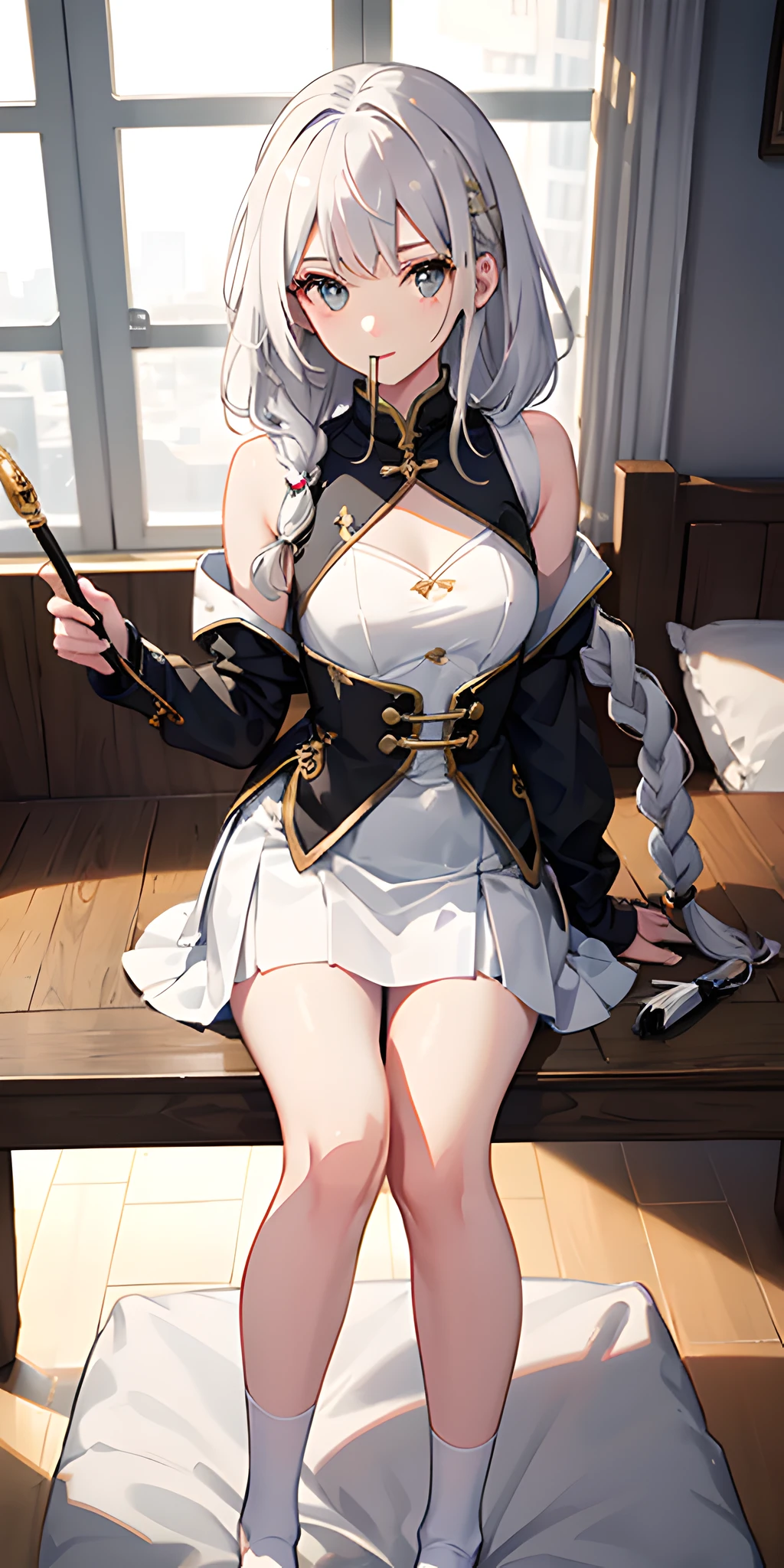 Has long white hair，Glass Hitomi，adolable，close-up all over the body，Keep your mouth shut，超高分辨率，extremly intricate，Wear a white vest，Dull hair on the head，Wear a short skirt，A hexagonal gold brooch is worn on his chest，The chest is small，teens girl，Holds a magic wand in his right hand，Bare legged，Wear socks，Very beautiful，15 years old，Brush a twisted braid，with fair skin，teens girl，A shy look，sit on a bed，Top angle of view，4K，Light eye shadow