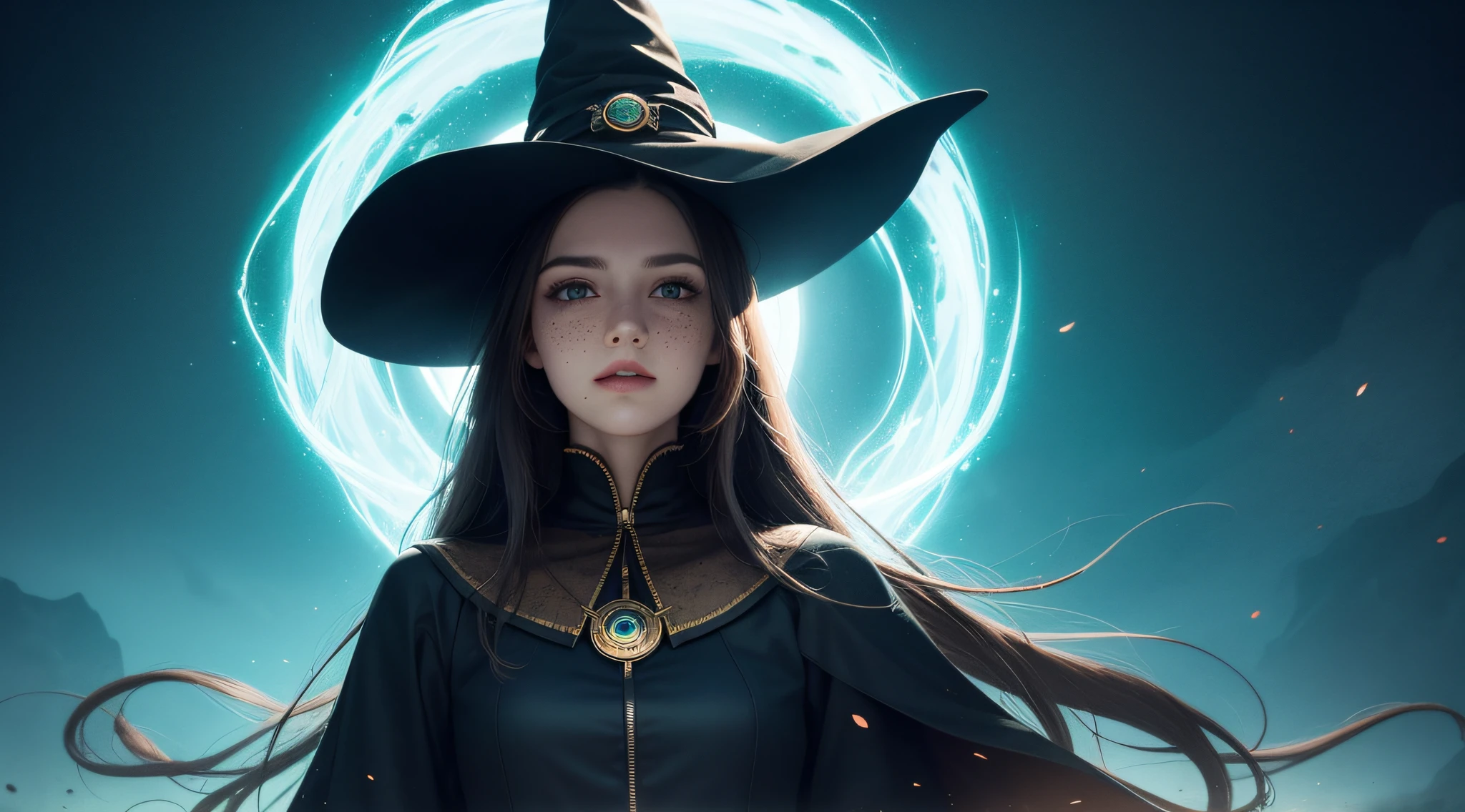 (best quality, masterpiece, realistic, detailed), 8k CG, perfect artwork, 1 girl, adult hungarian woman, slender, freckles, solo, teal eyes, light brown long hair, portrait, looking down, solo, (full body:0.6), detailed background, light smile, witch hat, witch, magical atmosphere, hair flowing in the wind, green trimmed dark colored clothes, colorful glowing magic spell in the air, swirling portal, dark magic, (style-swirlmagic:0.8), floating particles, dark sinister forest background, updraft, backlighting,