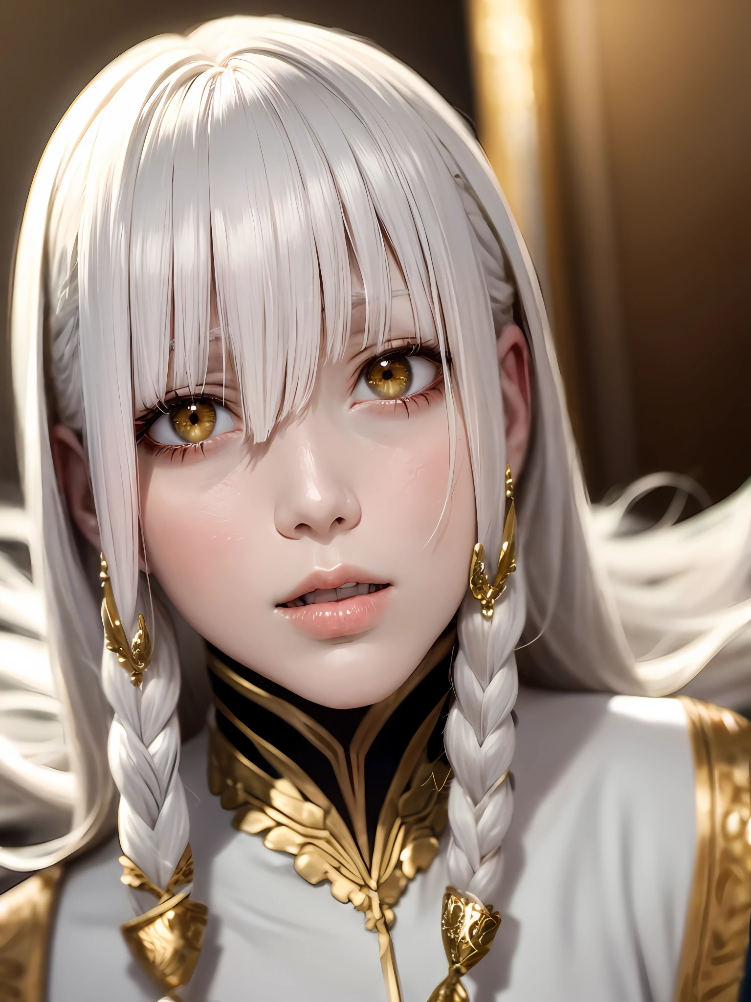 best quality, masterpiece,white hair, gold eyes,white clothes, looking up, upper body,hair strand,Fair skin,side braids