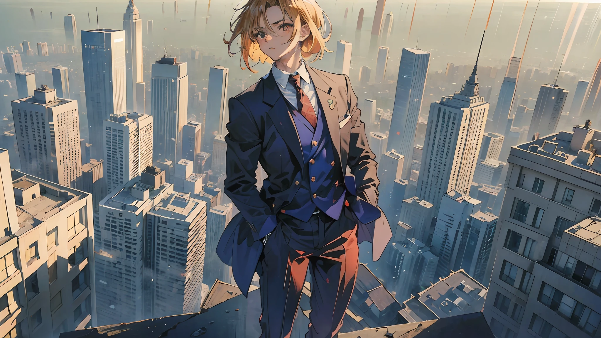 Anime, desenho, homem, cabelos amarelos, olhos com cor amarelos, pele branca, corpo atletico, is wearing a red tight blazer suit, camisa social um pouco aberta, is on top of a building seeing the view --auto --s2