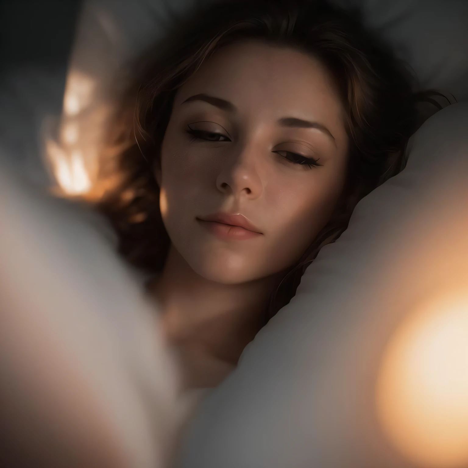 close up portrait photo of woman laying in bed, high quality photograph, bokeh, gobo lights, rim light, warm ambient light, volumetric light, depth of field, analog,