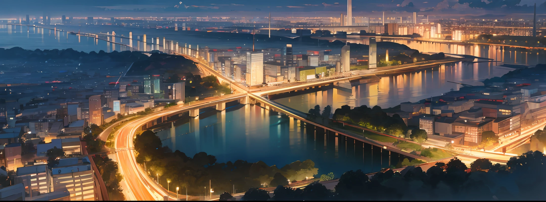 best quality, masterpiece, 8k, wallpaper, landscape of modern city between 2 river and tropical forest