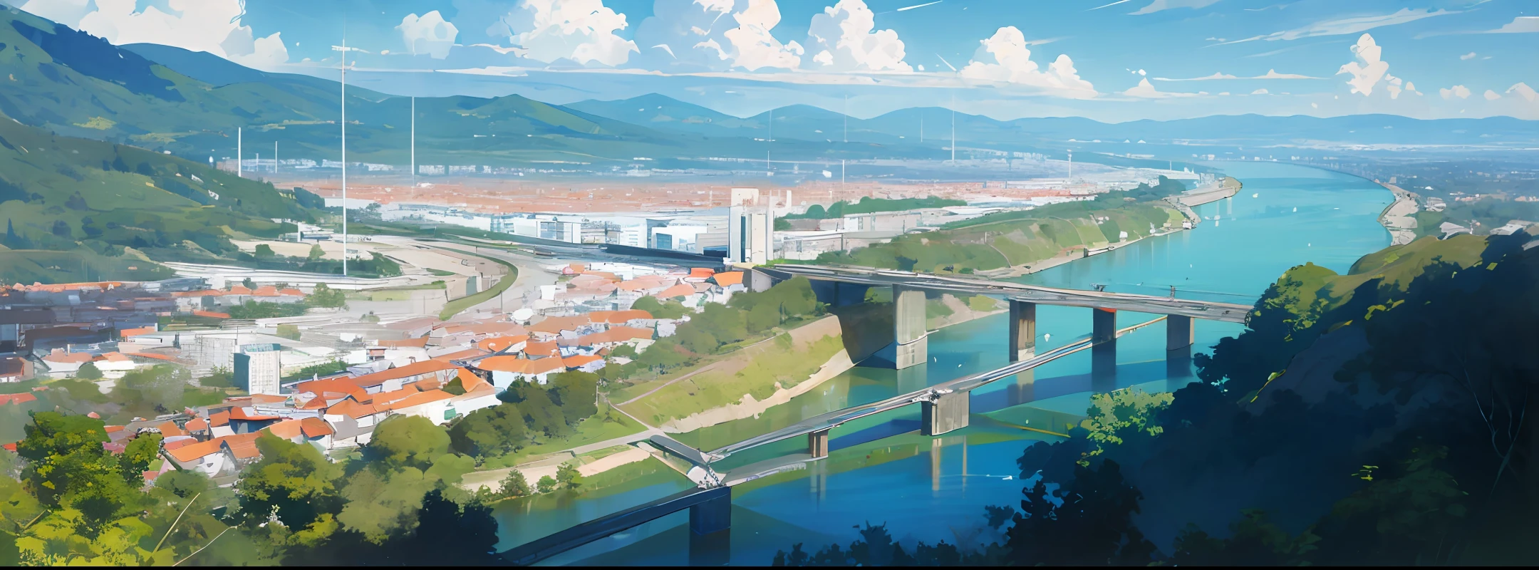 best quality, masterpiece, 8k, wallpaper, landscape of modern city between 2 river and tropical forest