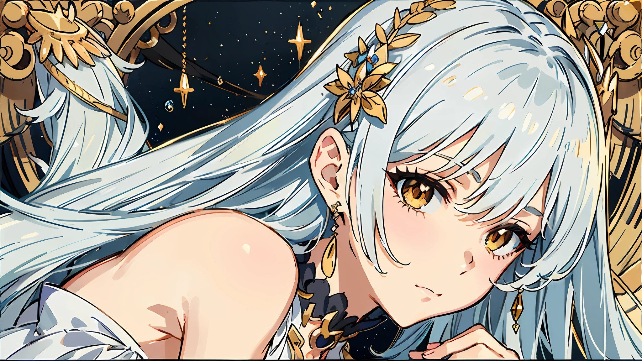 Silver-haired girl,Golden eyes,Individual characters,Dark night moonlight background,Long white and gold dress,exquisite facial features,Adorned with precious stones,full bodyesbian,The expression is serious