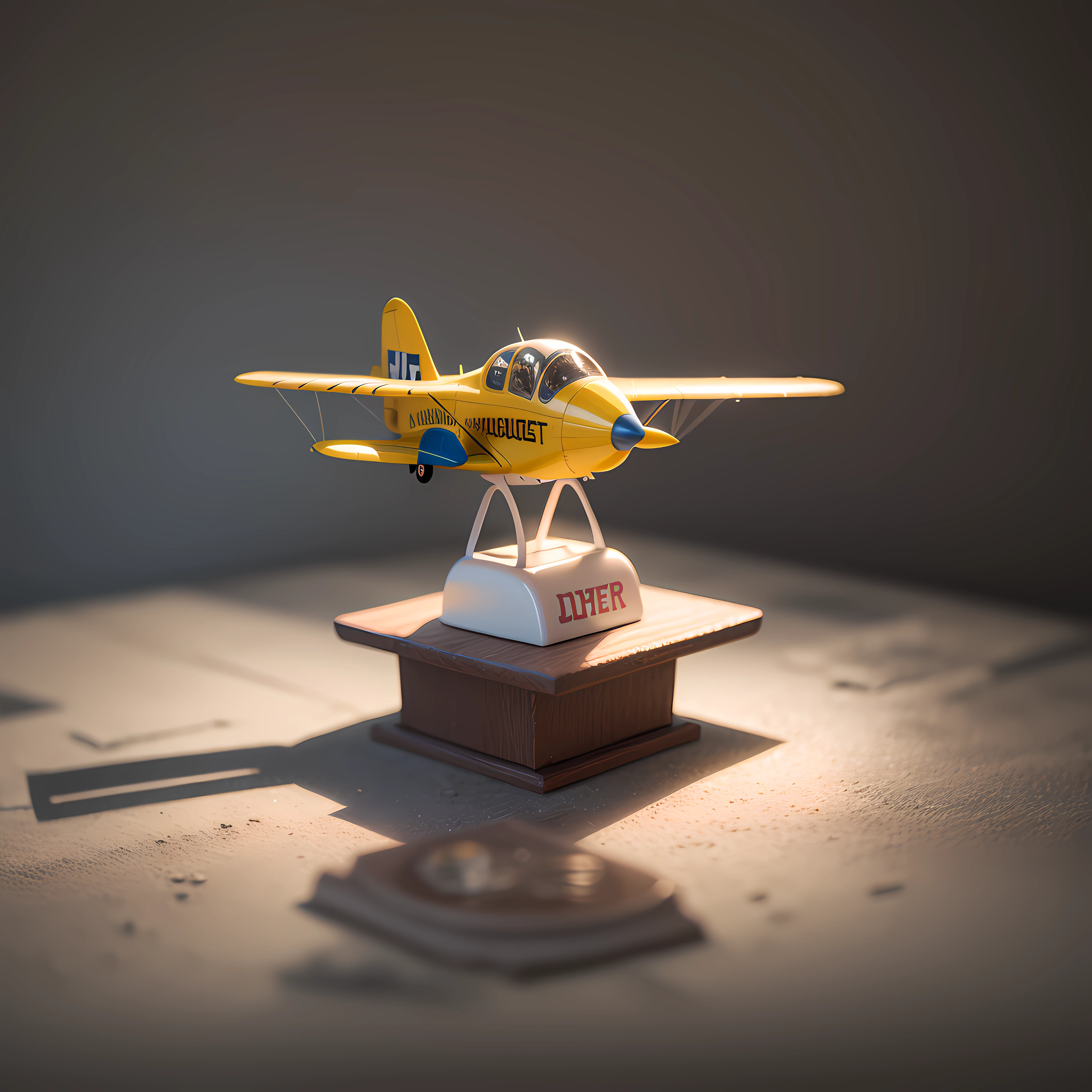 A small toy airplane, inside a blind box, placed on a tiny pedestal, against a clean white background, illuminated by artificial light. The artwork is of top-notch photographic quality, capturing every intricate detail of the toy airplane.