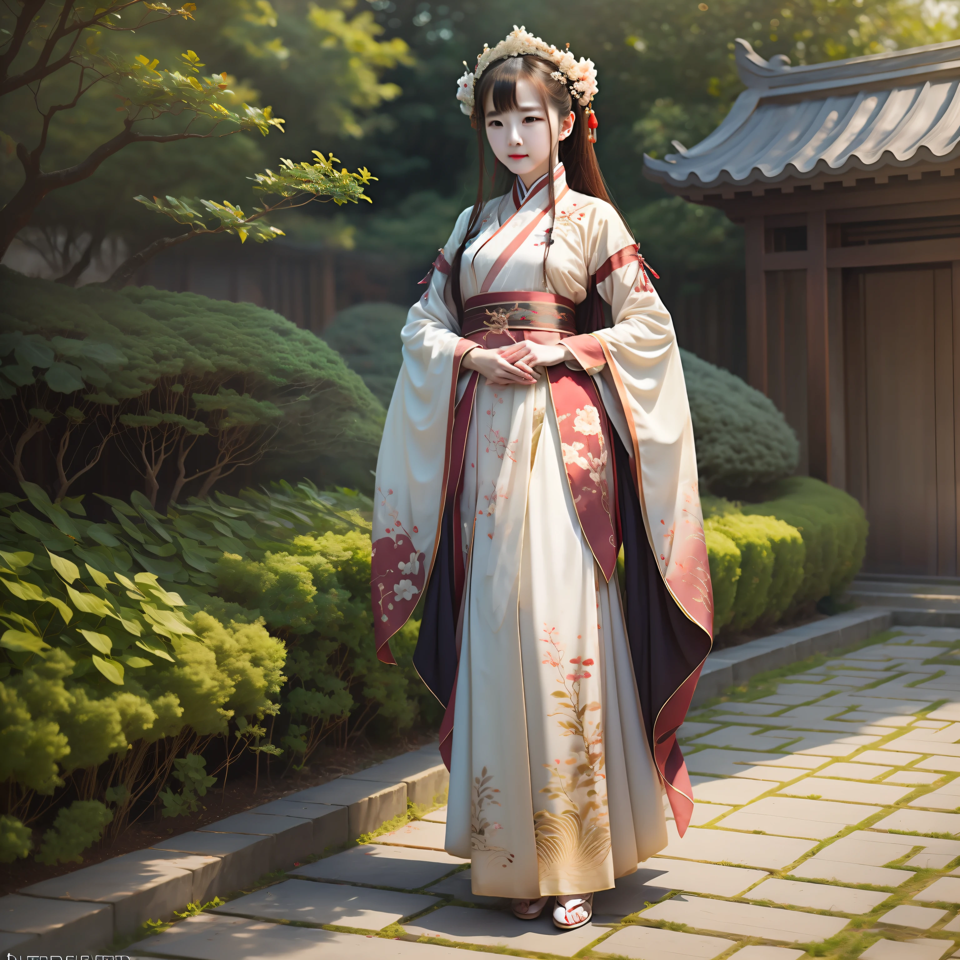 A shy long-haired girl realistic photo,Wearing classical Hanfu,Fairy air fluttering,Bare chest,Located ween pavilions and pavilions。 --auto