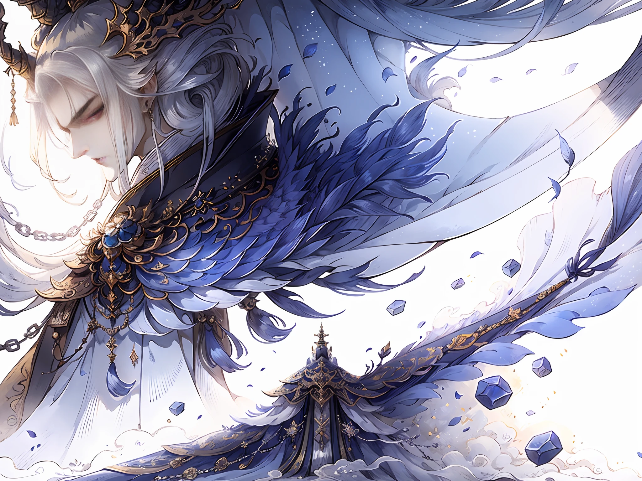 A male emperor, Ancient Chinese imperial robes, Majestic and domineering,Unicorn,rays of sunshine, Clear face, Clean white background, tmasterpiece, super detailing, Epic composition, hyper HD, high qulity, extremely detaile, offcial art, Uniform 8k wallpaper, super detailing, 32k -- v 6