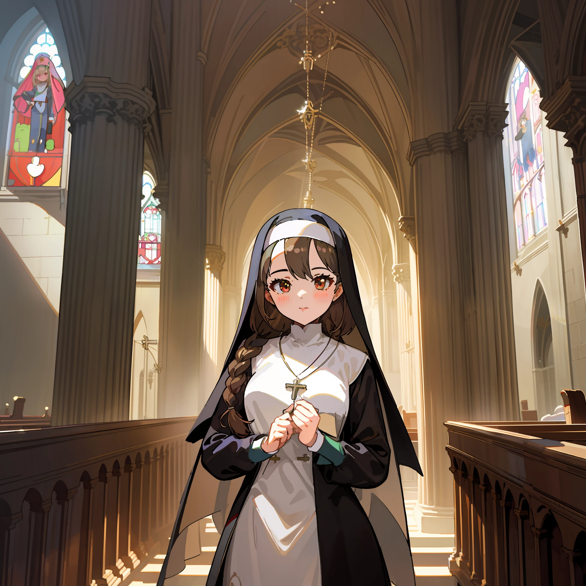 there is a woman dressed in a nun costume standing in a church, Guviz-style artwork, nun outfit, Artgerm and Atey Ghailan, offcial art, drawn in anime painter studio, Guweiz in Pixiv ArtStation, Digital anime illustration, made with anime painter studio, high detailed official artwork, in a large cathedral