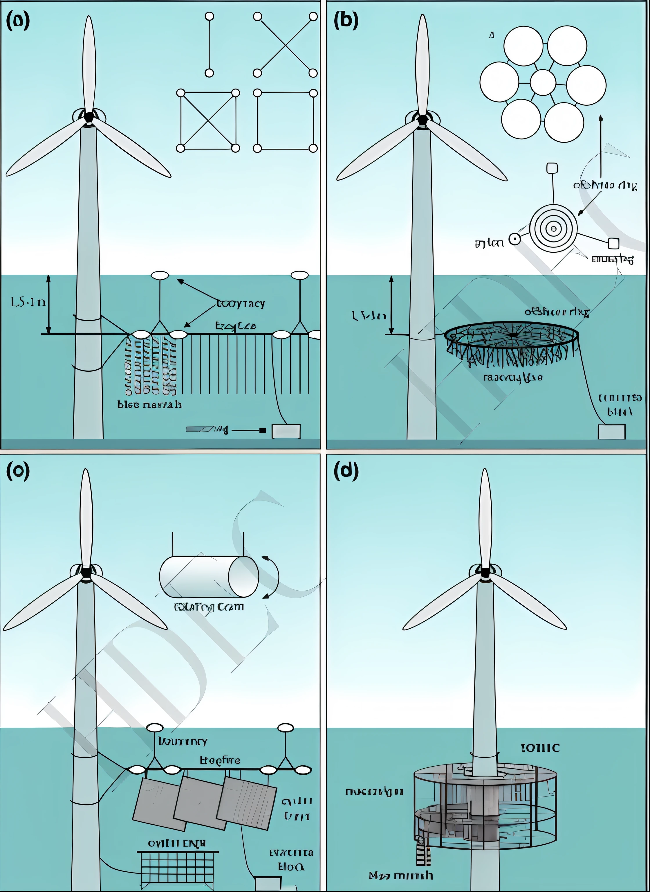 A series of images showing how wind turbines are used, turbines, detailed scientific diagram, scientific diagram, floating power cables, scientific depiction, conceito, scheme, Wind turbines, the photo shows a large, author：Robert Medley, Offshore wind, pictorial, renewable energy, Diagrams, Mechanical superstructure, author：a computer rendering by Scott M. Fischer, rendering, Scientific schematics, engineering diagram