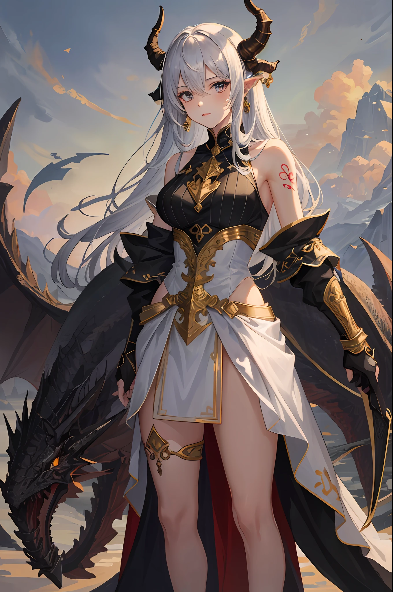 masterpiece, best quality, absurdres, perfect anatomy, standing, 1girl, solo, arm tattoo, bare shoulders, sleeveless, dress, dragon girl, dragon horns, jewelry, tail