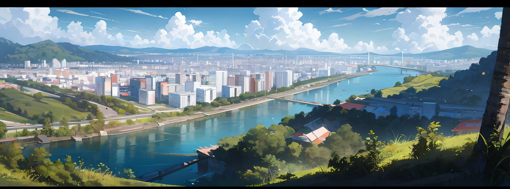 best quality, masterpiece, 8k, wallpaper, landscape of modern city between 2 river and tropical forest