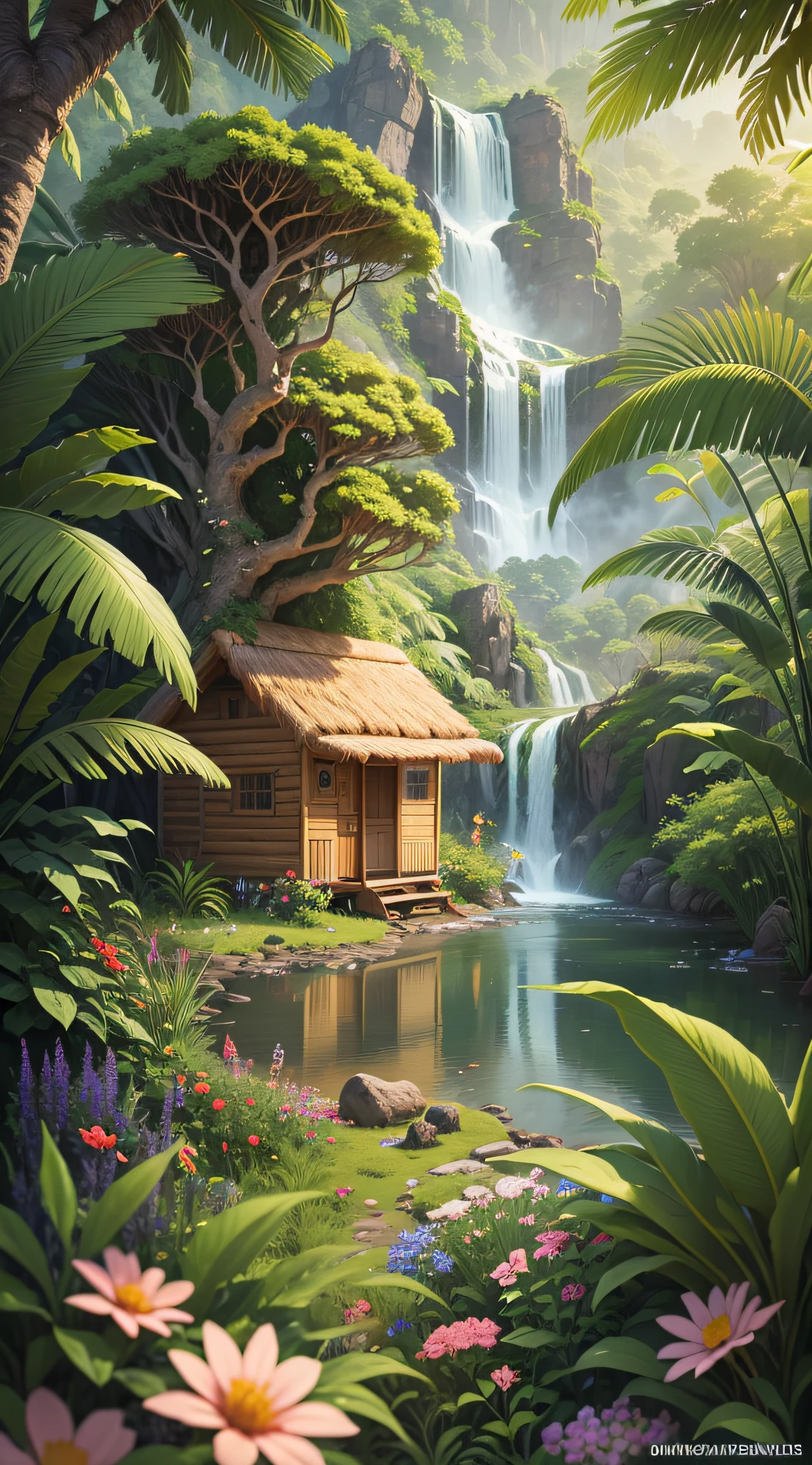 jungle, waterfall, surrounded with wild flowers. a tiny hut with a person standing on its porch, viewed from afar. masterpiece, best quality, high detailed