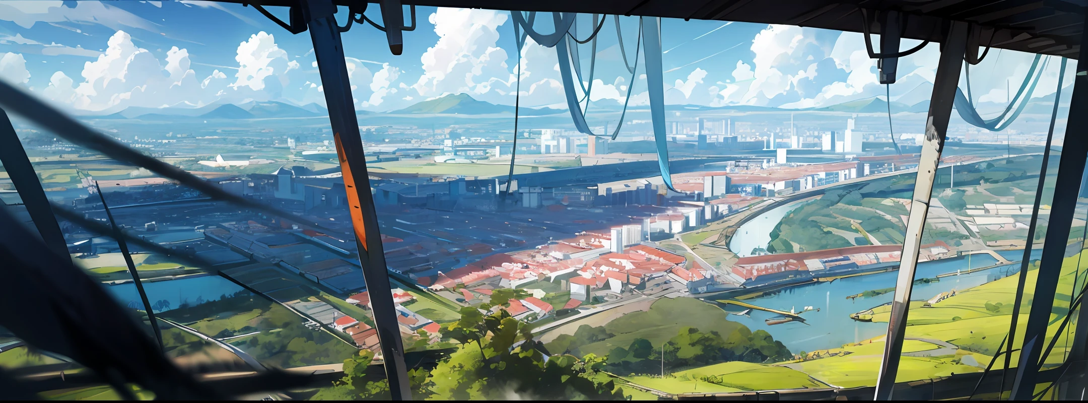 best quality, masterpiece, 8k, wallpaper, landscape of modern city between 2 river and tropical forest