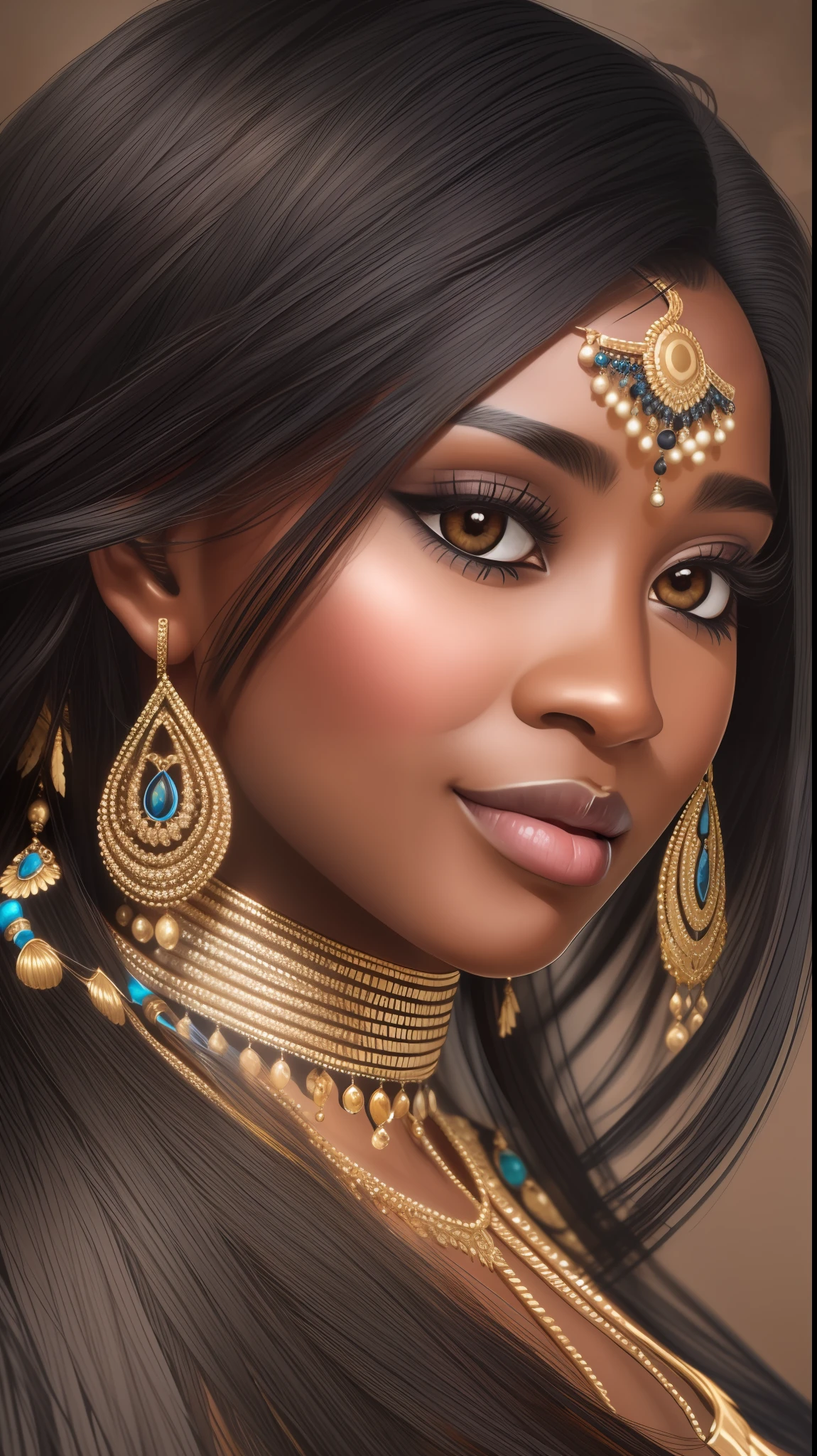 (masterpiece:1.2), (best quality:1.2), perfect eyes, perfect face, perfect lighting, photoshoot, 1girl, mature female wearing SSAHC, SSAHC, dark-skinned, colorful tribal dress, headdress, thick eyelashes, makeup, eyeshadow, medium hair, oasis, desert detailed outdoor background