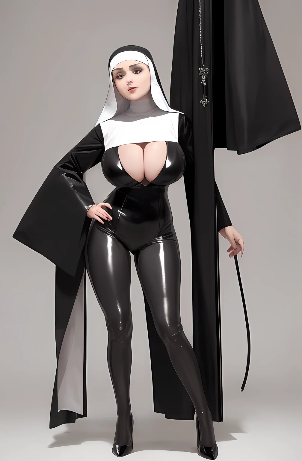 Woman posing for photo in black and white outfit, nun outfit, nun fashion model, pvc poseable, High quality, black-white skintight robes!, on a mannequin. high resolution, vampire nun, divine render, nun fashion model looking up, black lence stockings，huge tit，Black heels，Deep V cleavage，Convex underparts