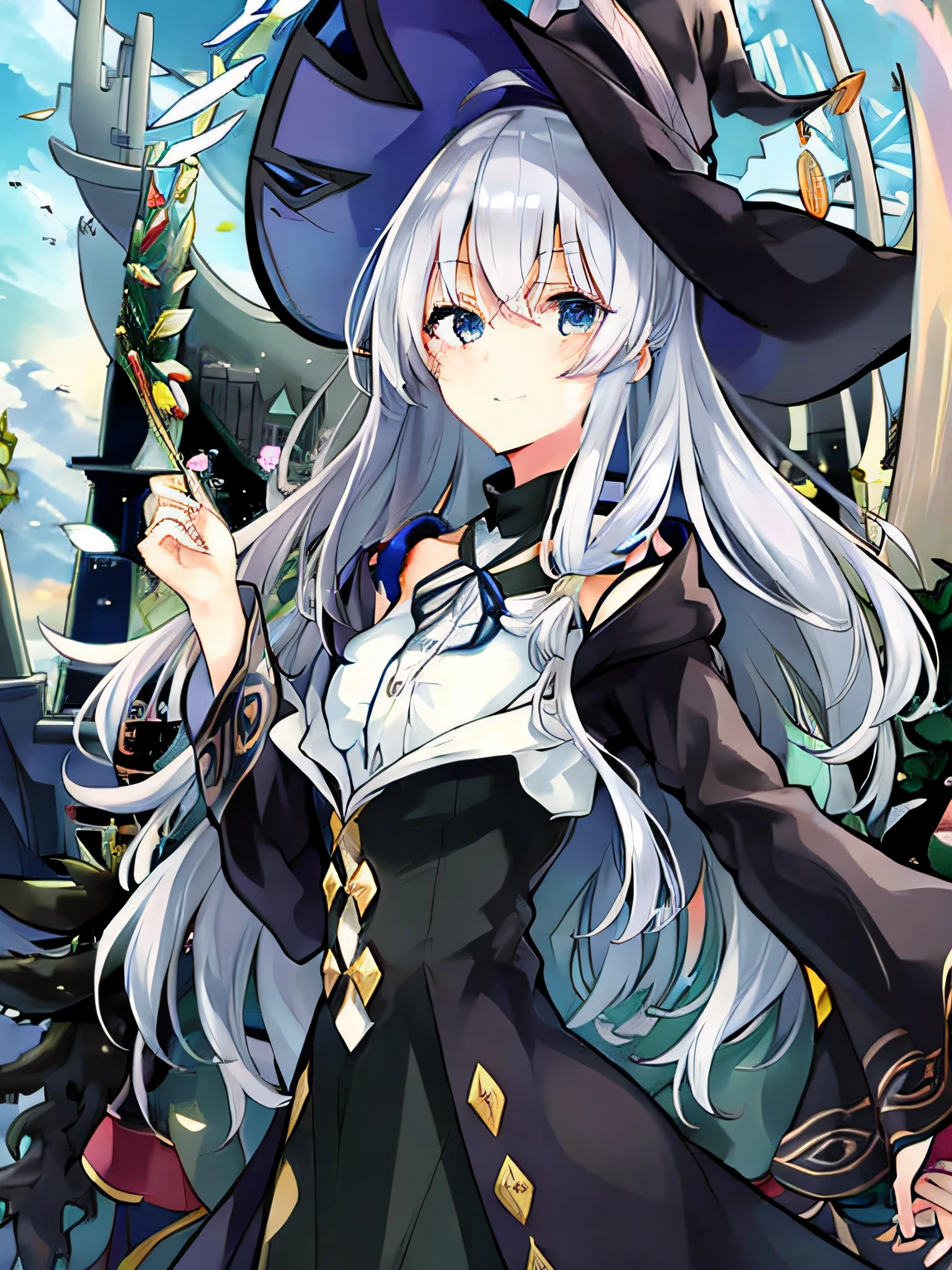 anime - style image of a woman dressed in a witch costume, flirty anime witch casting magic, pretty sorceress, beautiful female witch, sky witch, marisa kirisame, beautiful female witch, trending on artstation pixiv, witch academia, sorceress woman, bright witch, astral witch clothes, beautiful wizard, classical witch, the witch