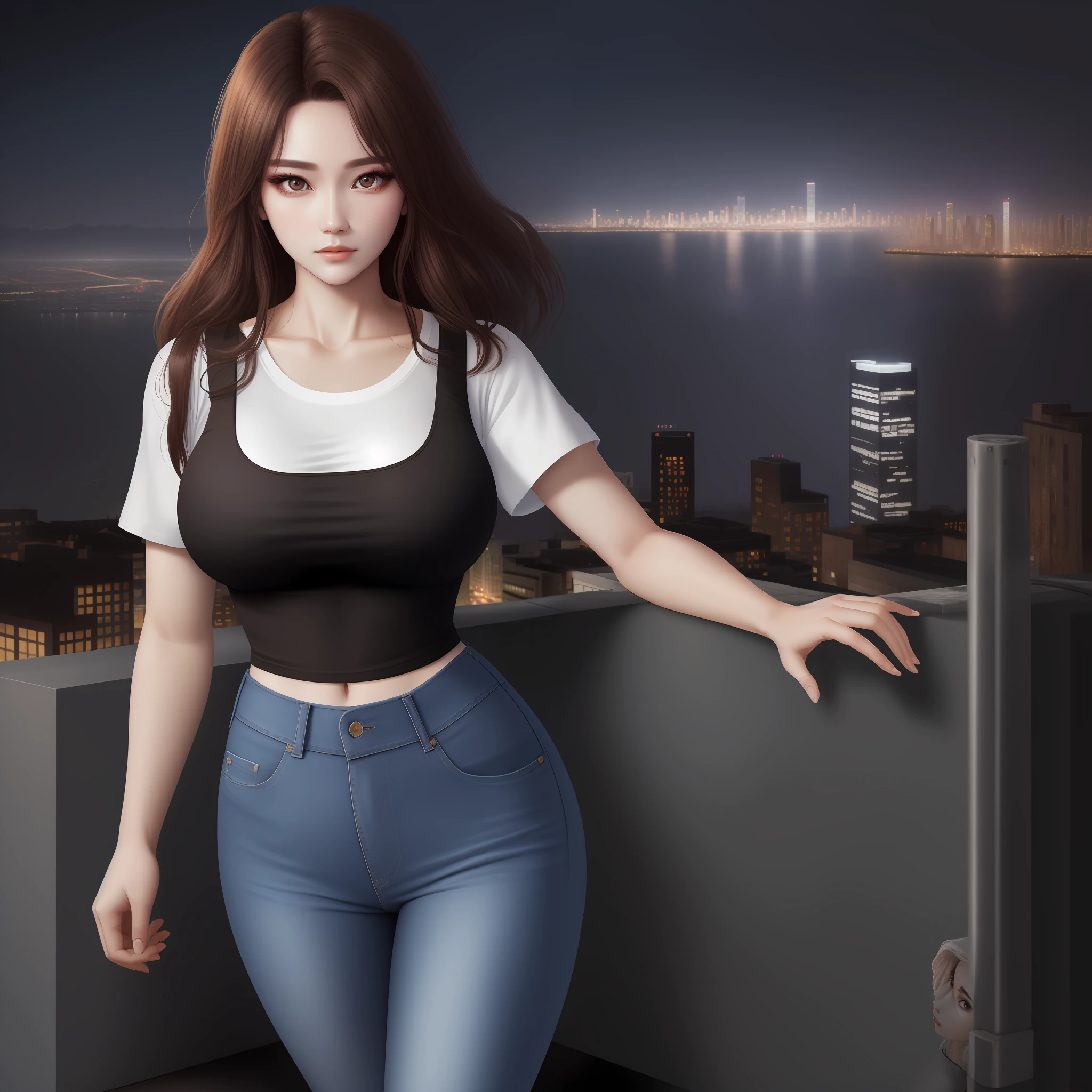 ((Midnight, Best quality, 8k, Masterpiece :1.3)), Whole body, Long legs, Sharp focus :1.2, A pretty woman with perfect figure :1.4, Slender abs :1.1, ((Dark brown hair, Big breasts :1.2)), (White tight tshirt, Jean bib, Standing:1.2), ((Night city view, Rooftop:1.3)), Highly detailed face and skin texture, Detailed eyes, Double eyelid