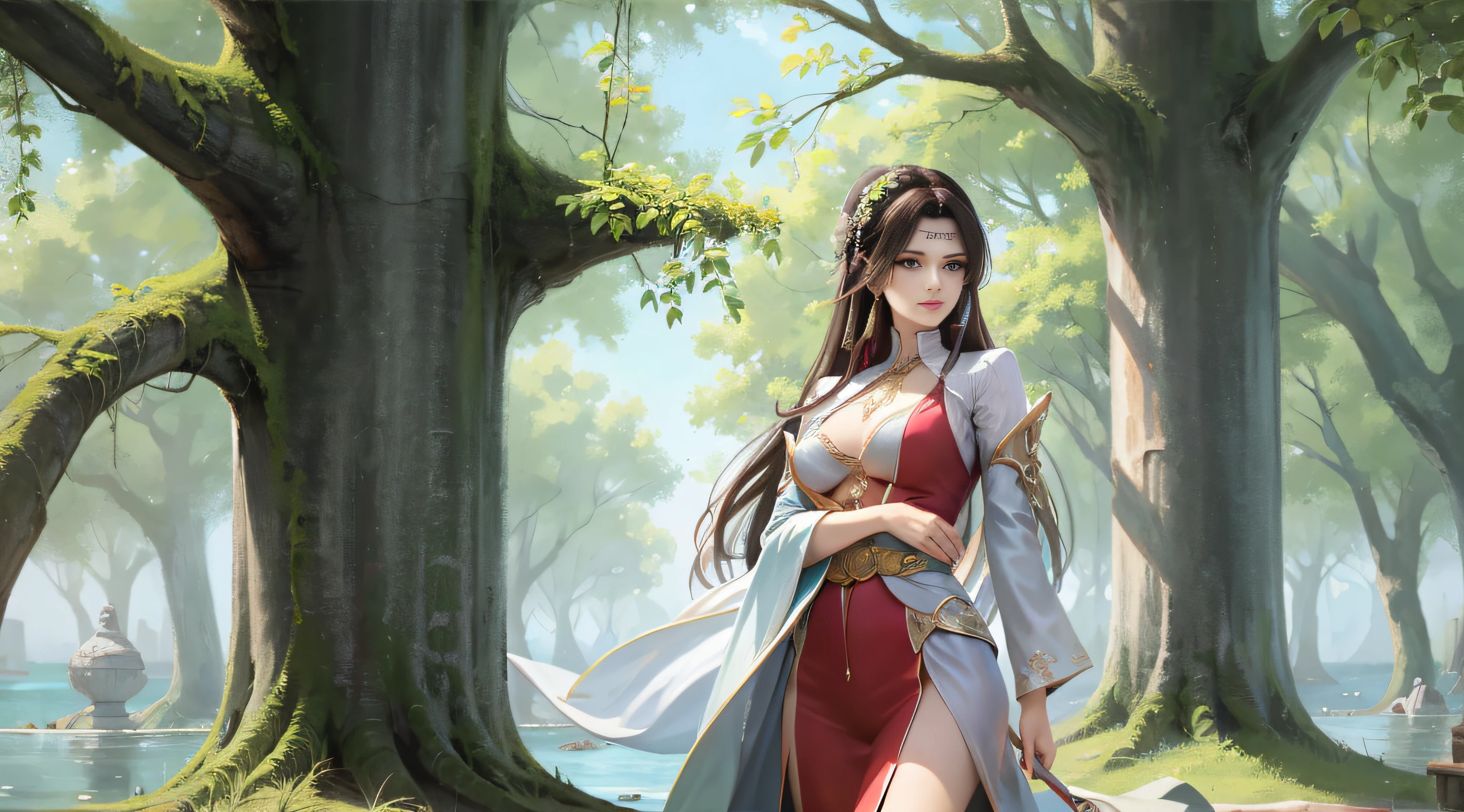 best qualtiy，tmasterpiece，Extremely Delicately Beautiful，The is very detailed，CG，unified，8k wallpaper，Beautiful Meticulous Girl，（very vey very detailed face）， 1girll，独奏，The whole body leans against the trees by the sea，Wearing a long red dress，large tities