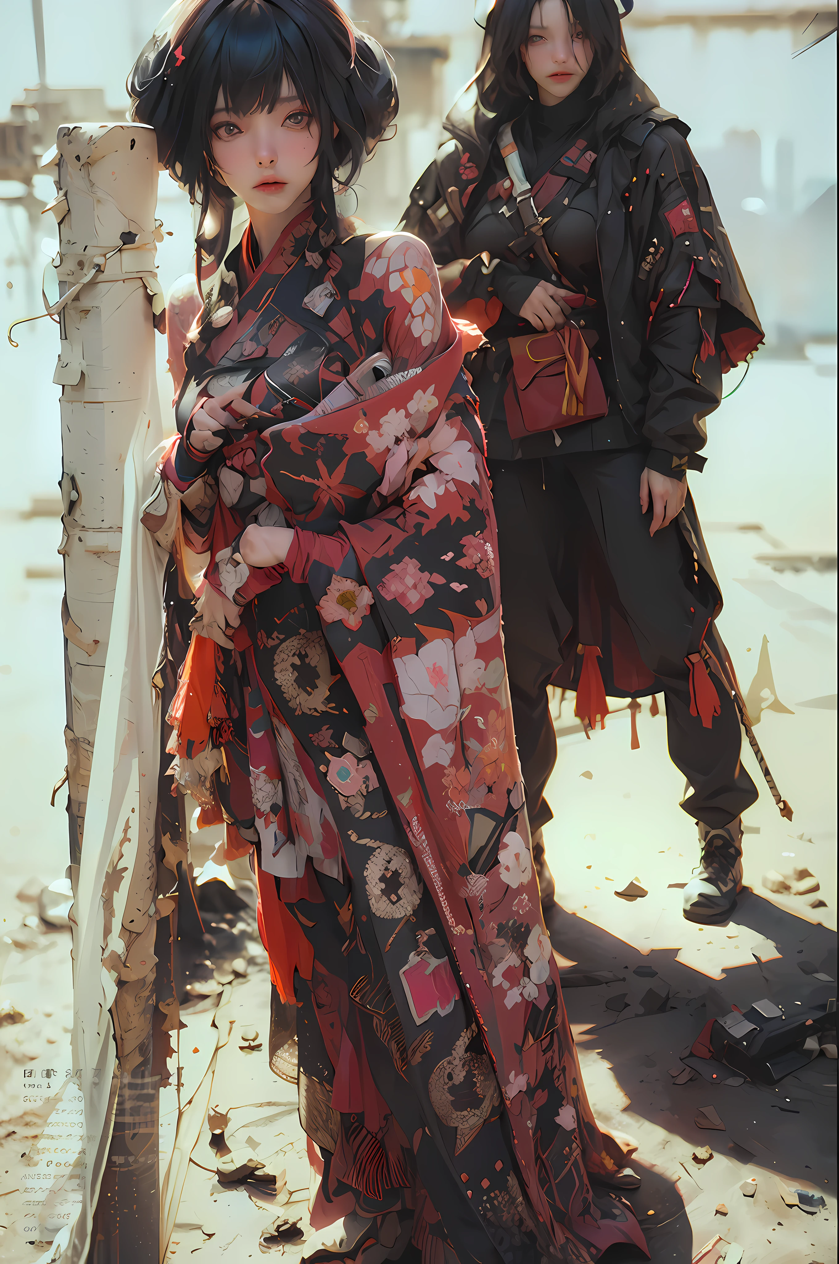 ((best qualtiy)), ((tmasterpiece)), (the detail:1.4), 3D, A beautiful cyberpunk female figure and a samurai,hdr(HighDynamicRange),Ray traching,NVIDIA RTX,Hyper-Resolution,Unreal 5,Subsurface scattering、PBR Texture、post-proces、Anisotropy Filtering、depth of fields、maximum definition and sharpness、Many-Layer Textures、Albedo e mapas Speculares、Surface coloring、Accurate simulation of light-material interactions、perfectly proportions、rendering by octane、Two-colored light、largeaperture、Low ISO、White balance、the rule of thirds、8K raw data、