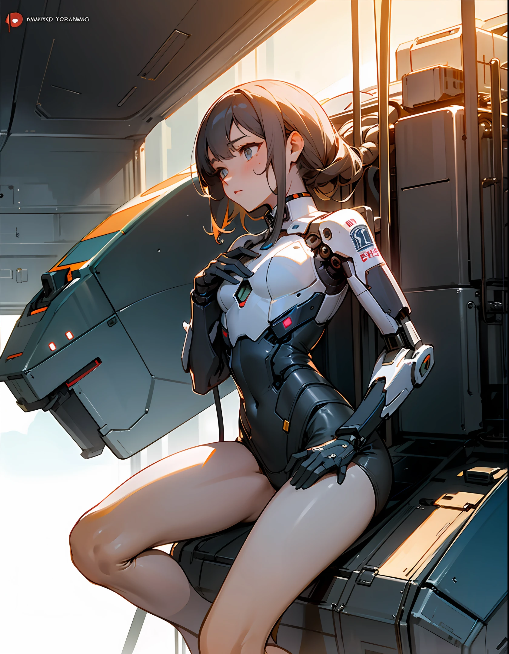 A pilot girl sits in the mech cab wearing only her underwear as her lower body is covered by a mecha. Her chest is connected to a pipe that powers the powerful machinery. The scene is bathed in low warm light, bringing intimacy and intensity to the mechanical display. The art is highly detailed, sensitive and complex, making