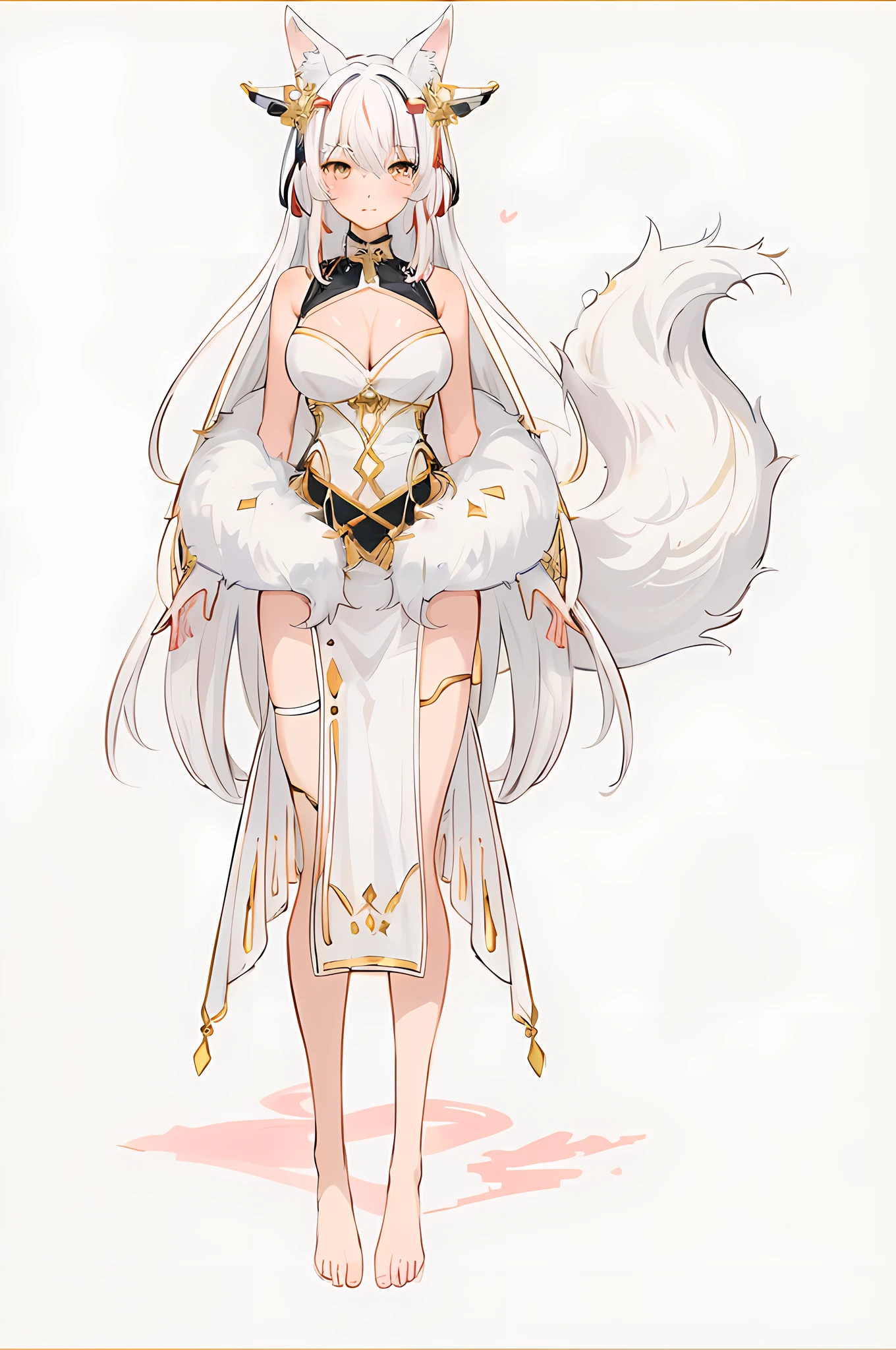 masterpiece,best quality,1girl, White hair, pink streaked hair,red fox ears, red fox tail, white fox fur, black, white, red, gold clothing,bare feet