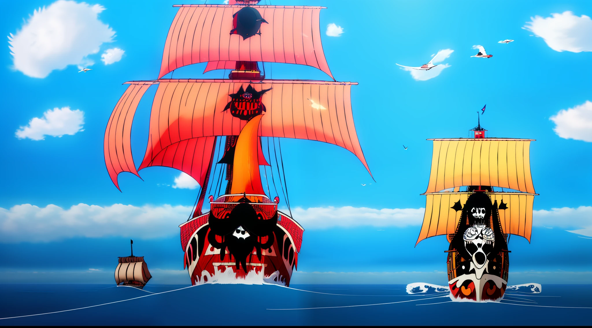 A pirate ship sails on calm seas，seagulls，blue-sky，Sunny background