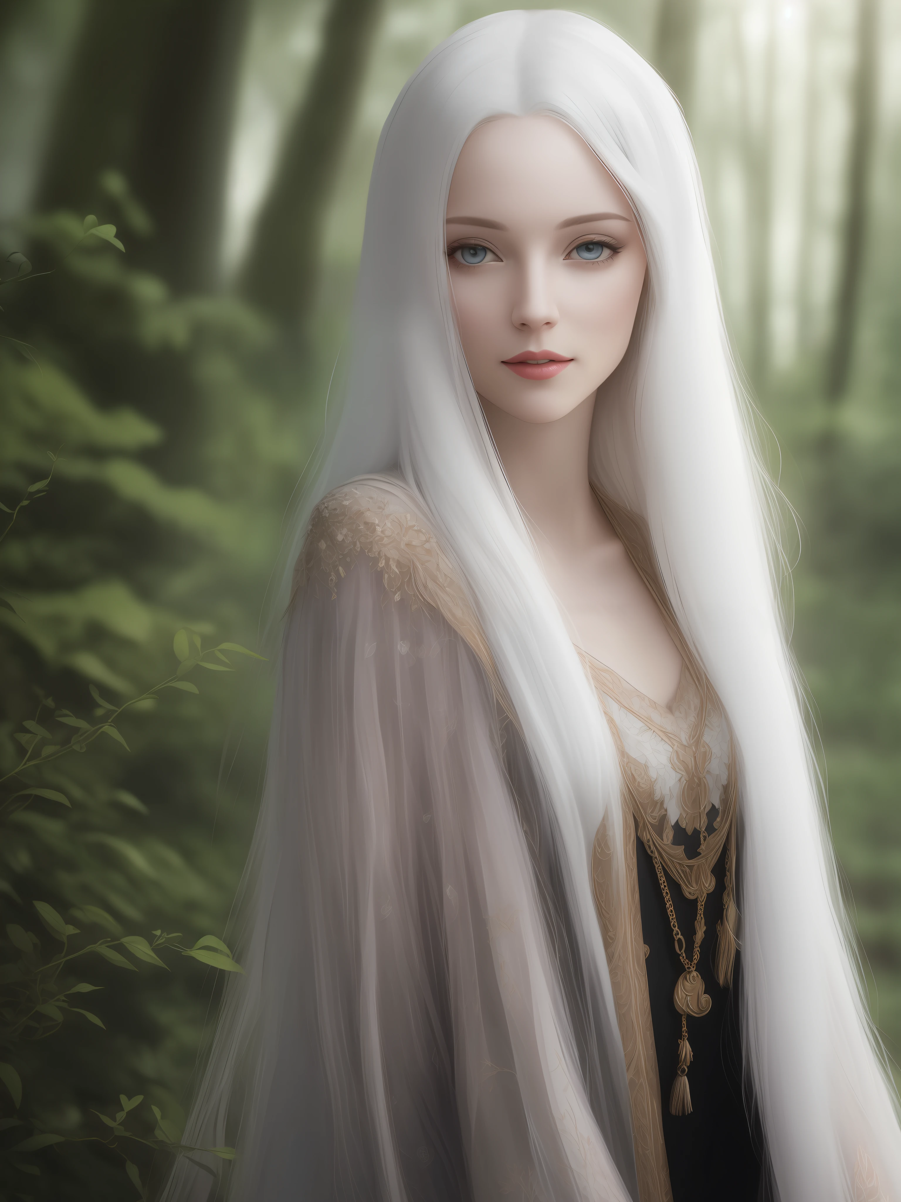 Imagen fotorrealista, Calidad 4K, Nitidez de gama alta, Precise details of a beautiful woman with albino skin and long white hair in a magical forest