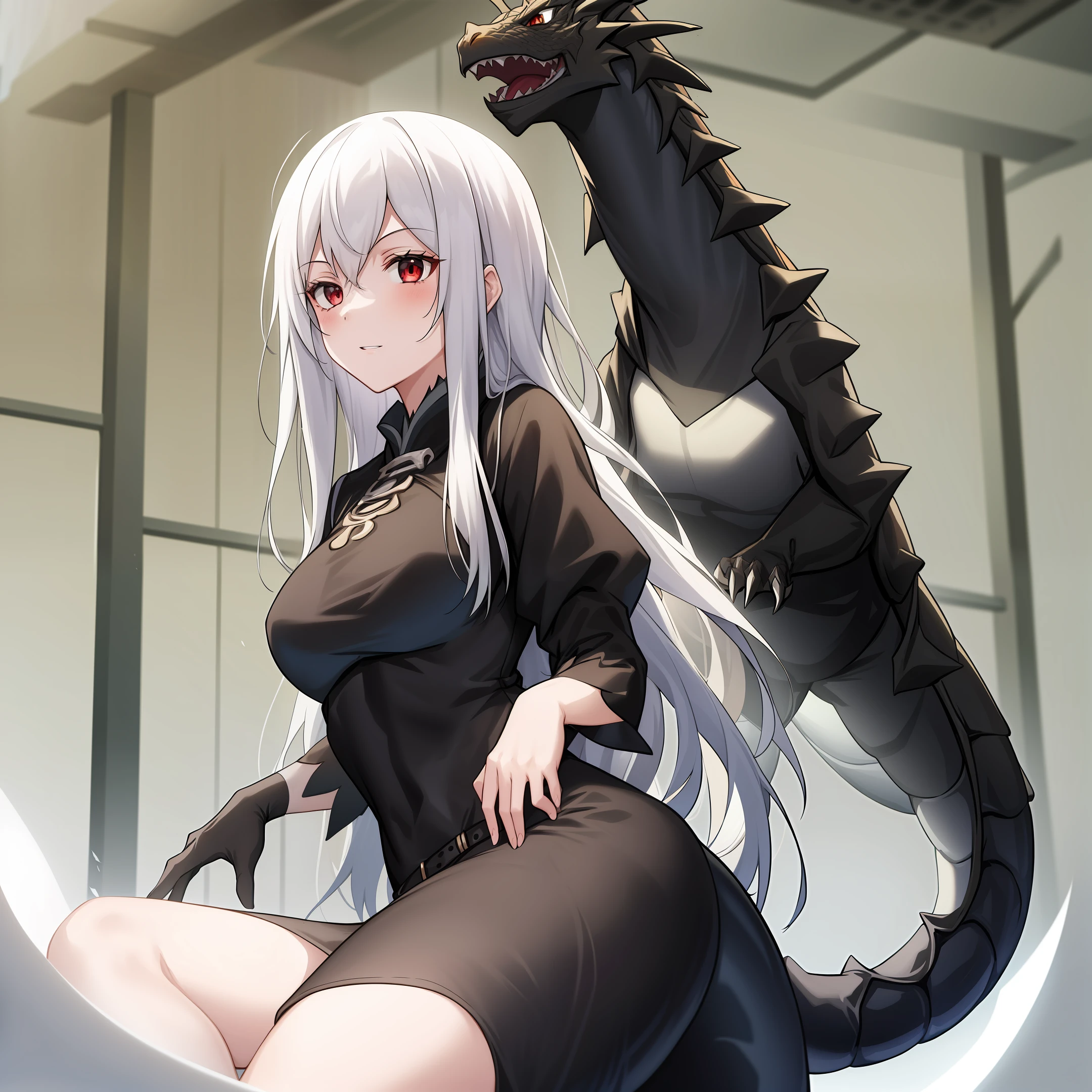 A  girl, dragon, white colored hair, black clothing, silver