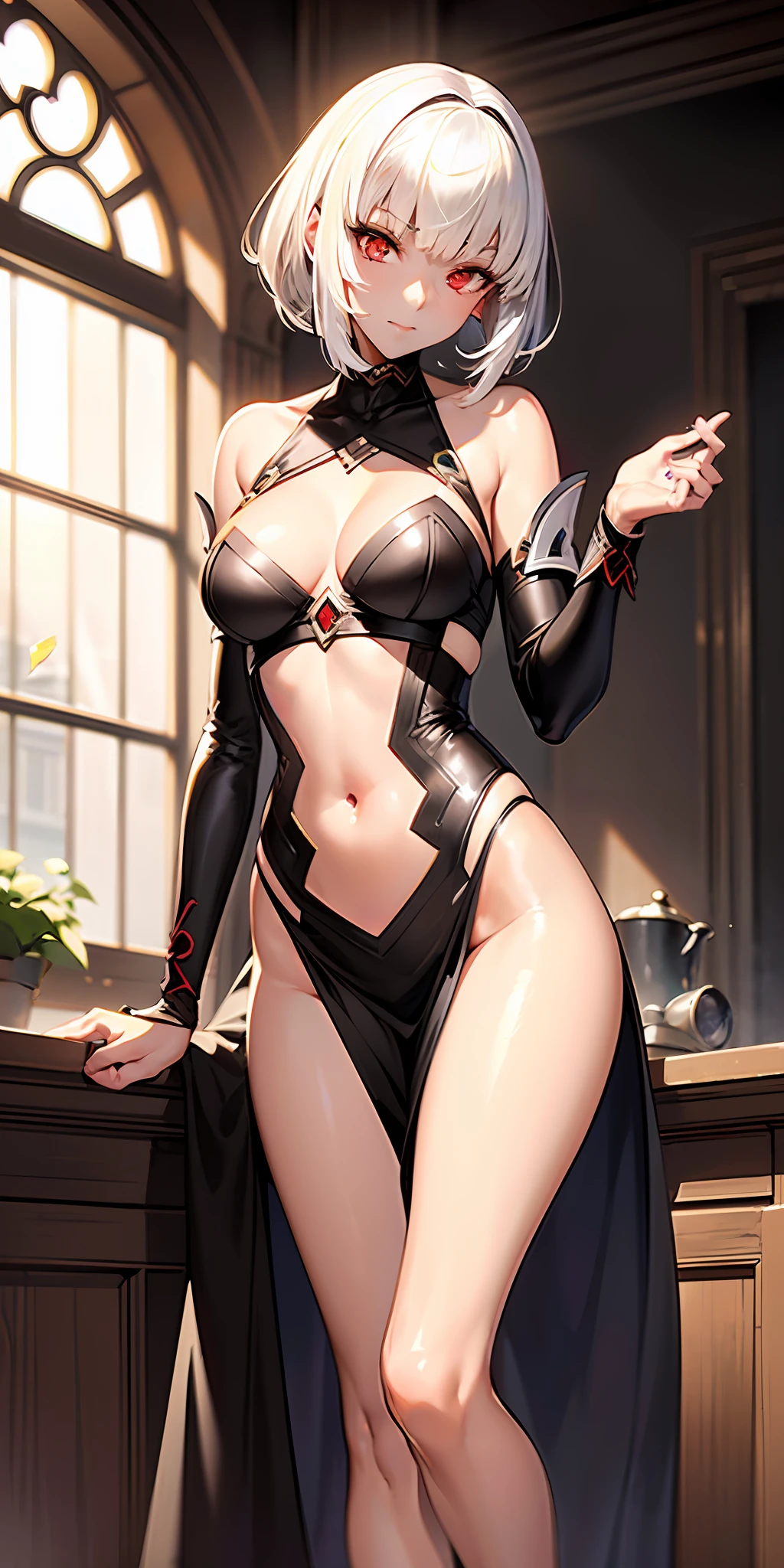 (intenseglare), Altera(Fate Grand Order), brown skin, glowing_eyes,master piece, best quality, official art, 8k wallpaper, highly detailed, illustration, beautiful eyes,soft smile, ink wash painting,small breasts, 1 girl, full body, realistic,red eyes,