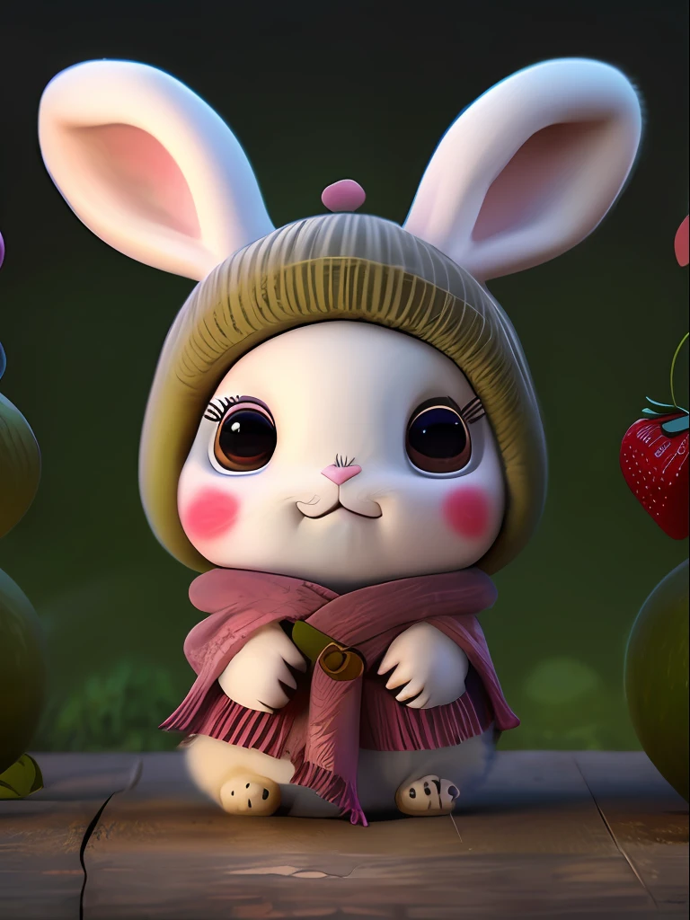 : 3. Rabbit, realistic, hairy, clothed animal, apple, dark circles, blush, cherry, food, fruit, full body, hat, non-human, strawberry, tomato, watermelon