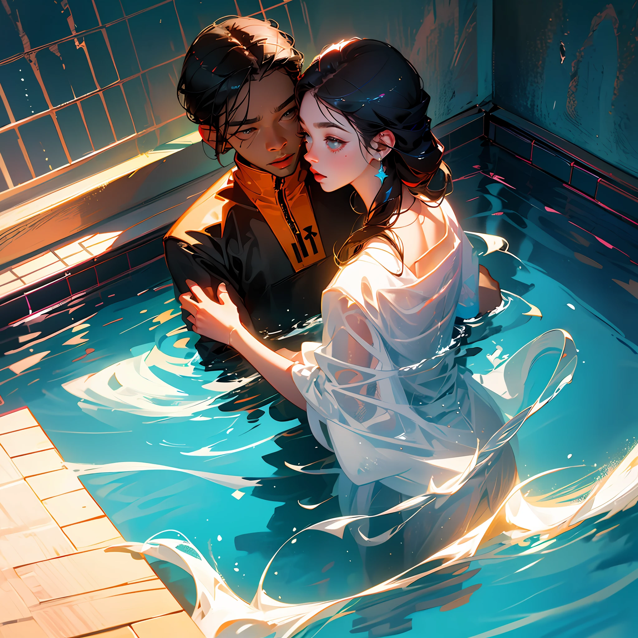 Masterpiece, best quality, (8k very detailed CG unit wallpaper) (best quality), (best illustration), (best shading) a golden sea wave, bright orange aol sunset through the wave, golden water drops flying, (:1. 6), black hair, black eyes, big, indoor swimming pool, class, naked, long hair, two-dimensional, in the water --auto