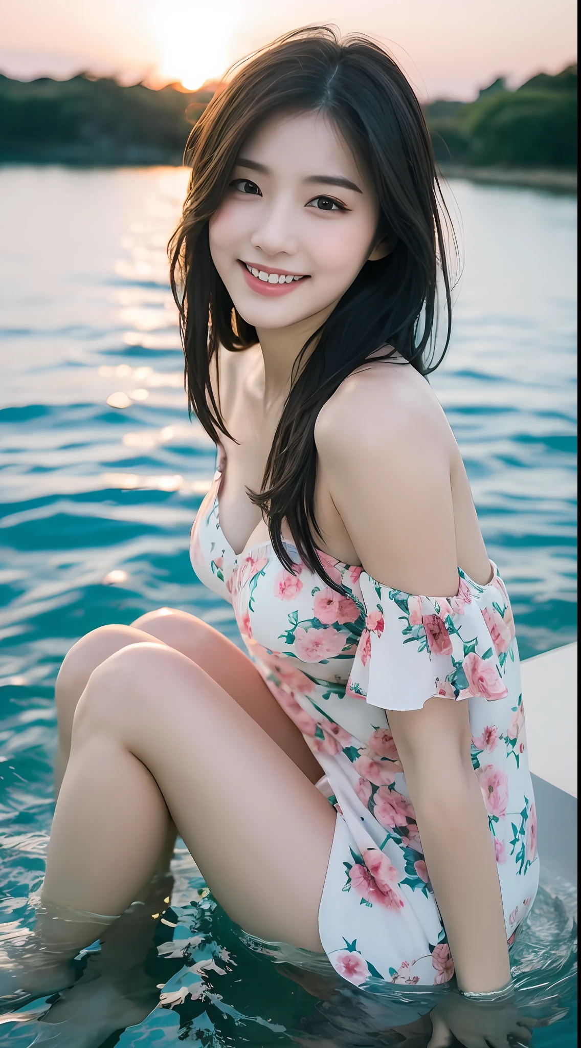 ((top-quality,8K,tmasterpiece:1.3)),focal:1.2,Perfect beauty:1.4,Essential,hindquarters:1.2,((Layered Hair Style,nedium breasts:1.2)),(wetclothes:1.1),(the sunset,the ocean:1.3),Off-the-shoulder floral dress:1.1,Highly Detailed Face and Skin Textur,Narrow eyes,二重まぶた,Whitens the skin,The long-haired,(Keep one's mouth shut:1.3),Smile with,The beauty is unreal,Hairstyling design,Long legs,looking at viewert,Delicate details,Bright eyes,light in face,Cinematic lighting,Sexy figure,Perfect body proportion,Blush,Black hair,Floating hair,(Long hair:1.3),Fake smile,Absolute field,Smooth skin,Expose legs,full body, ,Unity 8k wallpaper,Ultra detailed,Beautiful and aesthetic,Beautiful,Masterpiece,Sit sideways in the water,