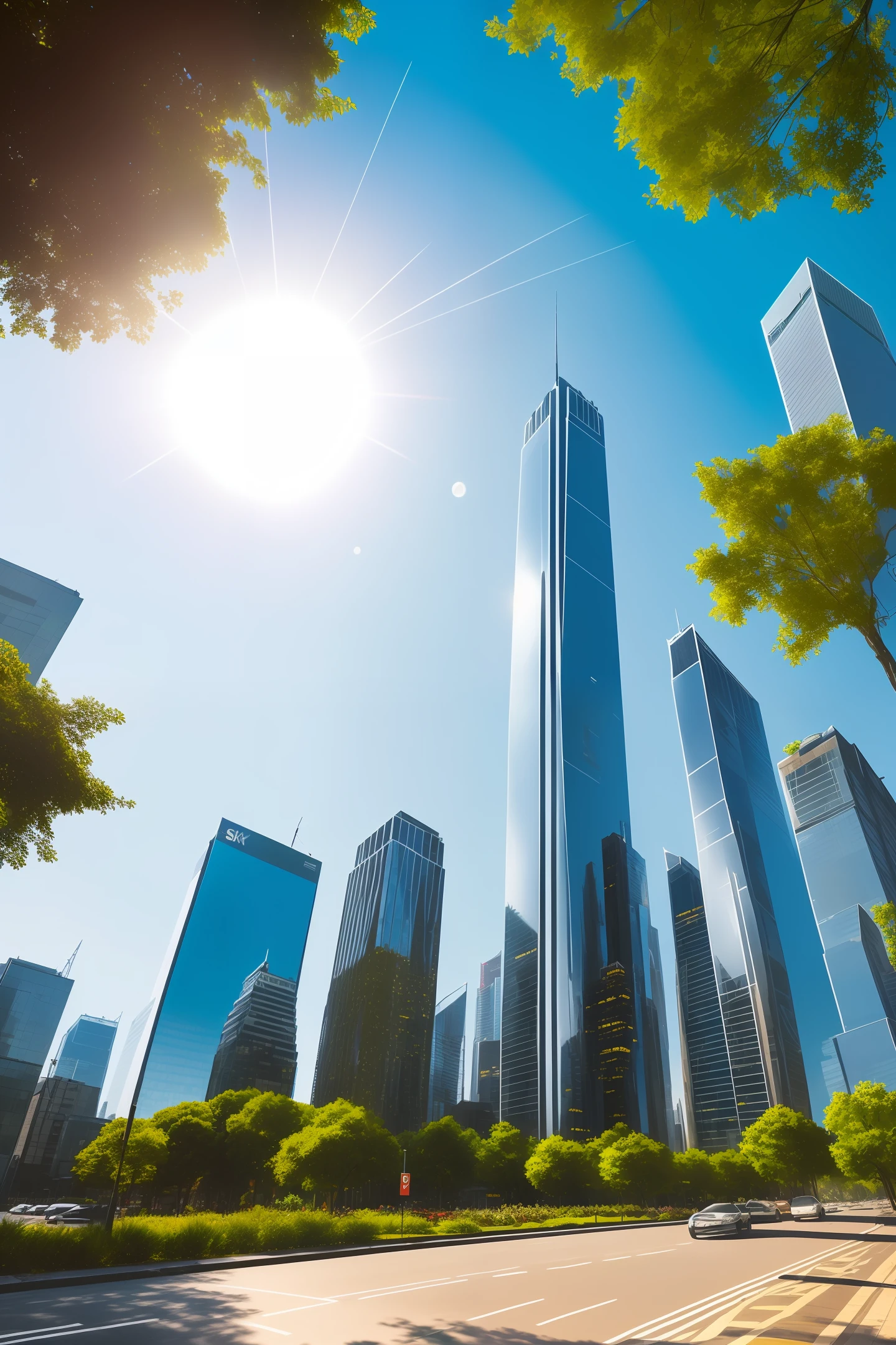 (masterpiece, best quality, excellent quality, extremely detailed), sky, city, (skyscrapers), mountain, trees, pavement, lens flare